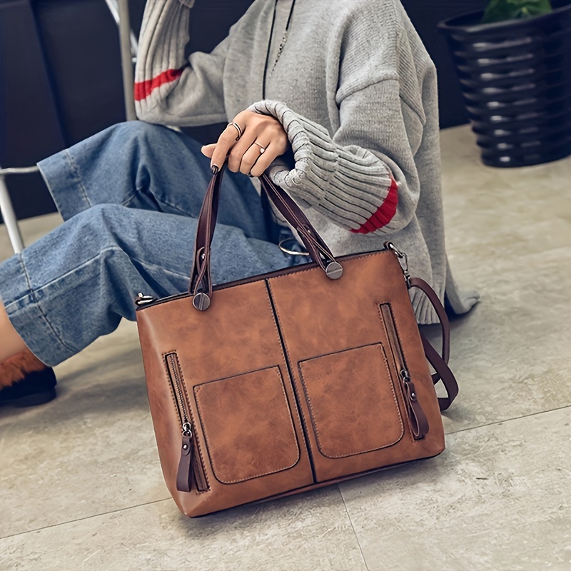 Women's Fashion Shoulder Tote Bag, Vintage Pu Leather, Simple Crossbody Handbag With Zip Pockets
Women's Fashion Shoulder Tote Bag, Vintage Pu Leather, Simple Crossbody Handbag With Zip Pockets