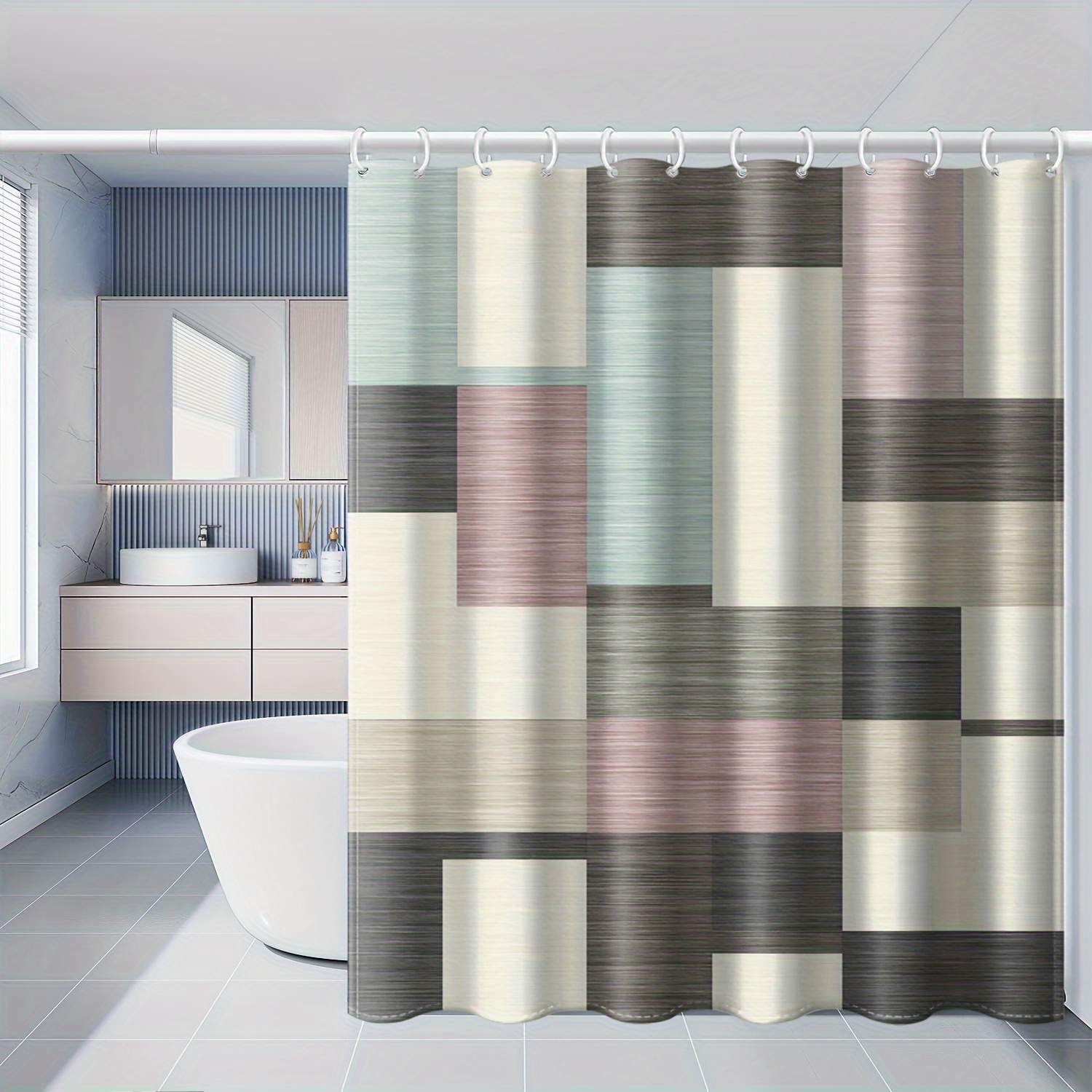 Modern Printed Polyester Shower Curtain Set With Hooks, Water-resistant Artistic Rectangular Pattern Bath Curtain, Machine Washable, Woven Decorative Bathroom Curtain For Home
Modern Printed Polyester Shower Curtain Set With Hooks, Water-resistant Artistic Rectangular Pattern Bath Curtain, Machine Washable, Woven Decorative Bathroom Curtain For Home