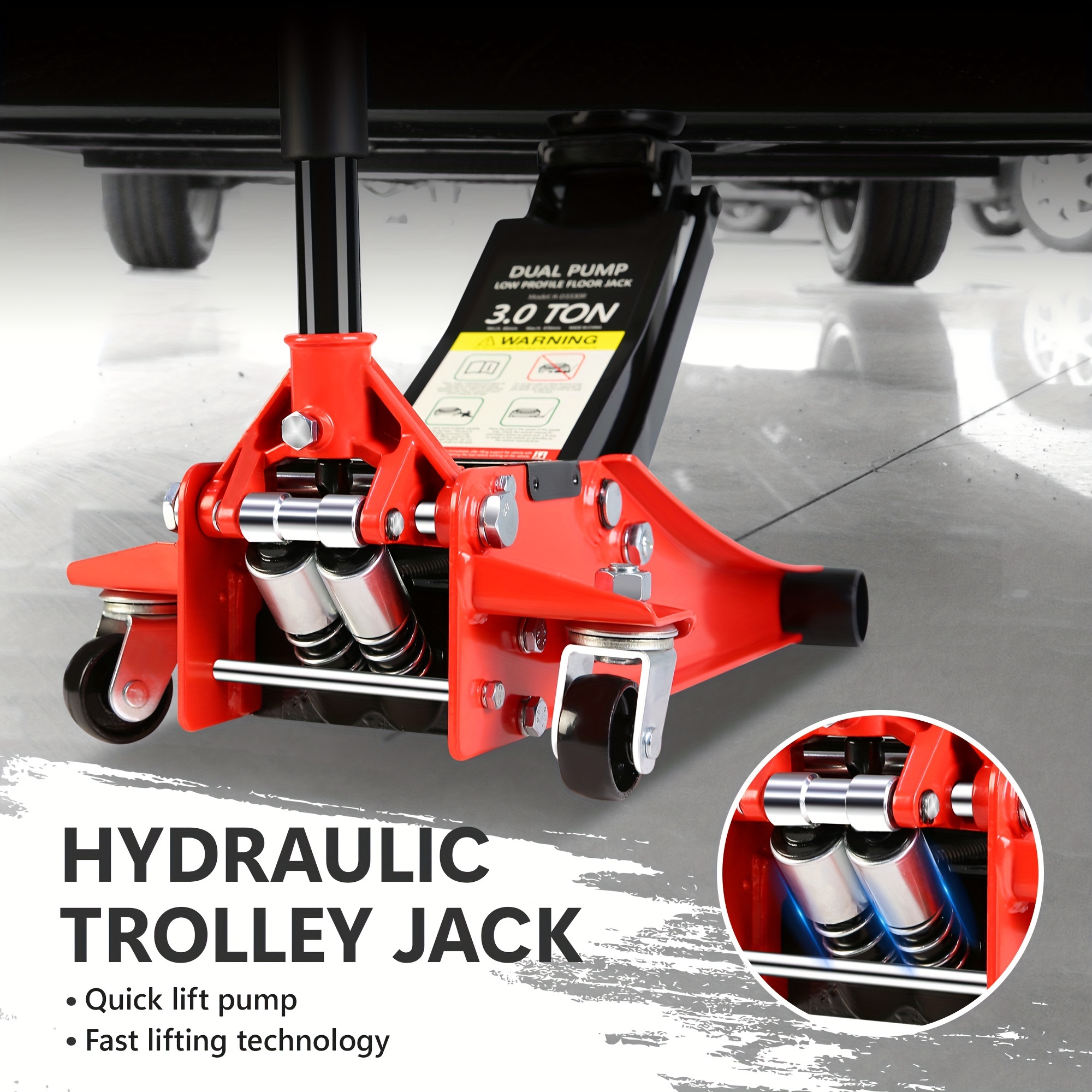 Hydraulic Low Profile And Steel Racing Floor Jack With Dual Piston Pump, 3 Ton (6600 Lb) Capacity, Lifting Range 3.3"-
Hydraulic Low Profile And Steel Racing Floor Jack With Dual Piston Pump, 3 Ton (6600 Lb) Capacity, Lifting Range 3.3"-