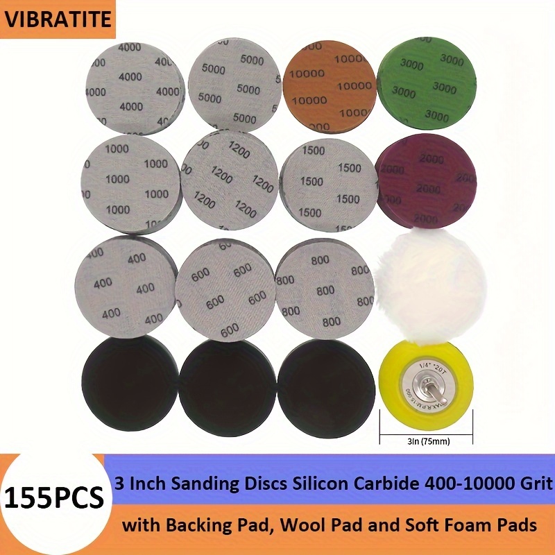 150pcs Of 3-inch Sandpaper 400-10000 Grit With 1/4-inch Sanding Disc, Wool Pad And 3 Buffer Pads, A Total Of 155pcs, Wet And Dry Use With Sandpaper For Drill Grinder Grinding
150pcs Of 3-inch Sandpaper 400-10000 Grit With 1/4-inch Sanding Disc, Wool Pad And 3 Buffer Pads, A Total Of 155pcs, Wet And Dry Use With Sandpaper For Drill Grinder Grinding