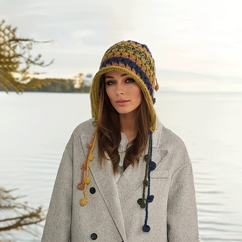 Chic Hand-crocheted Striped Beanie With Pom-pom - Cozy & Warm Knit Hat For Women, Fall/winter
Chic Hand-crocheted Striped Beanie With Pom-pom - Cozy & Warm Knit Hat For Women, Fall/winter