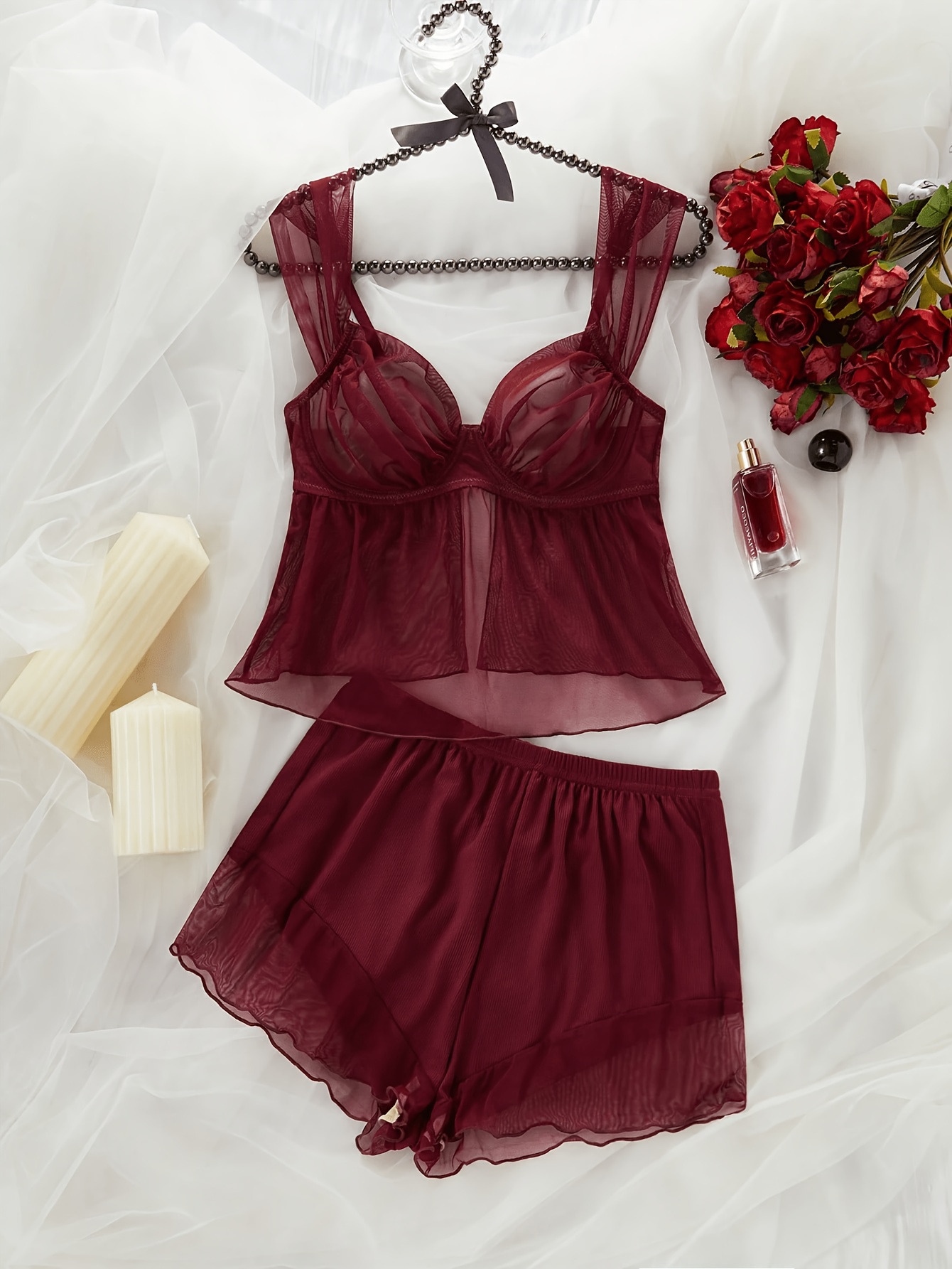 6711b702 1594 4de3 a550 212f49b8f87d Women's 2pcs Set: Mesh Top with Underwire and Back Closure, Paired with Ribbed Shorts