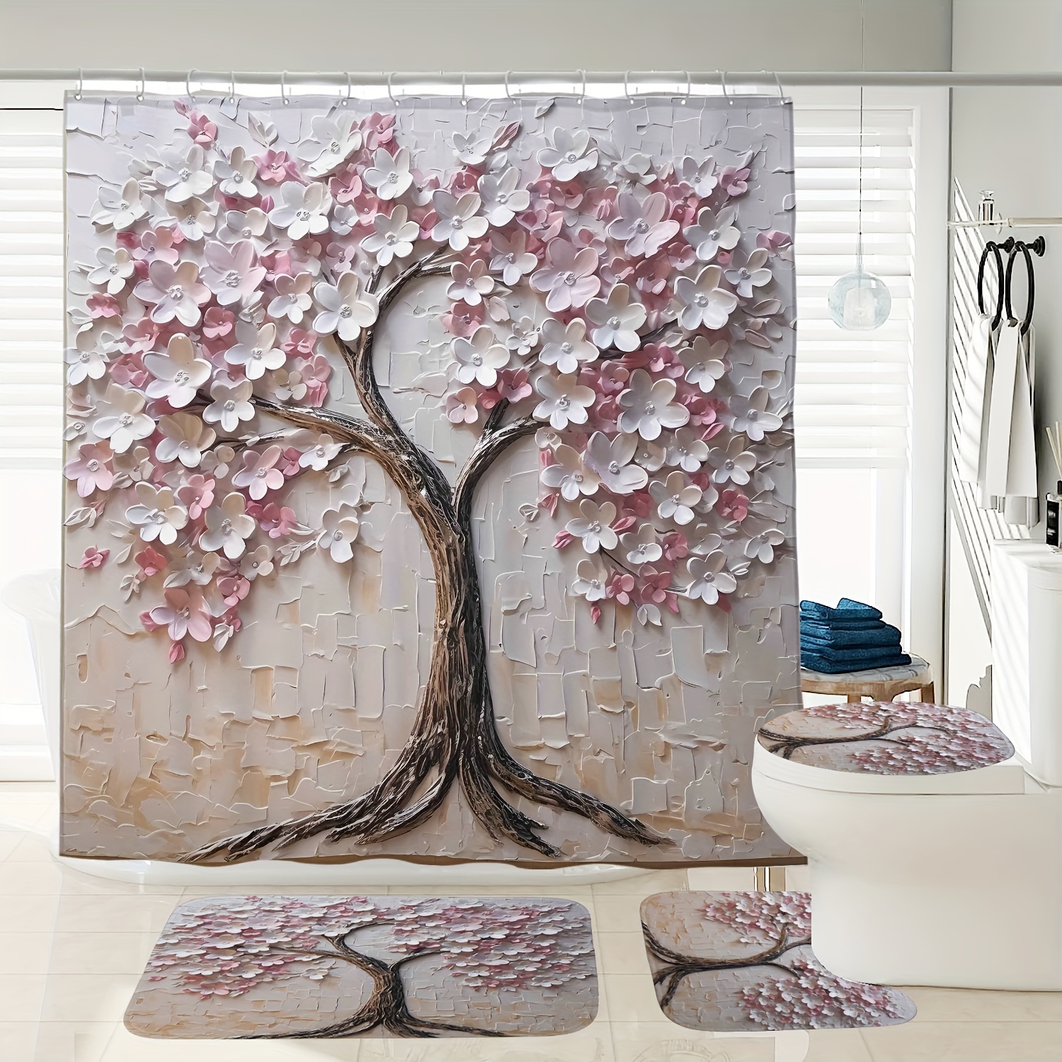 1/3/4pcs Floral Tree Printed Shower Curtain Set, Shower Curtain With 12 Hooks, Non-slip Bathroom Rug, Toilet U-shape Mat, Toilet Lid Cover Pad, Bathroom Decor
1/3/4pcs Floral Tree Printed Shower Curtain Set, Shower Curtain With 12 Hooks, Non-slip Bathroom Rug, Toilet U-shape Mat, Toilet Lid Cover Pad, Bathroom Decor