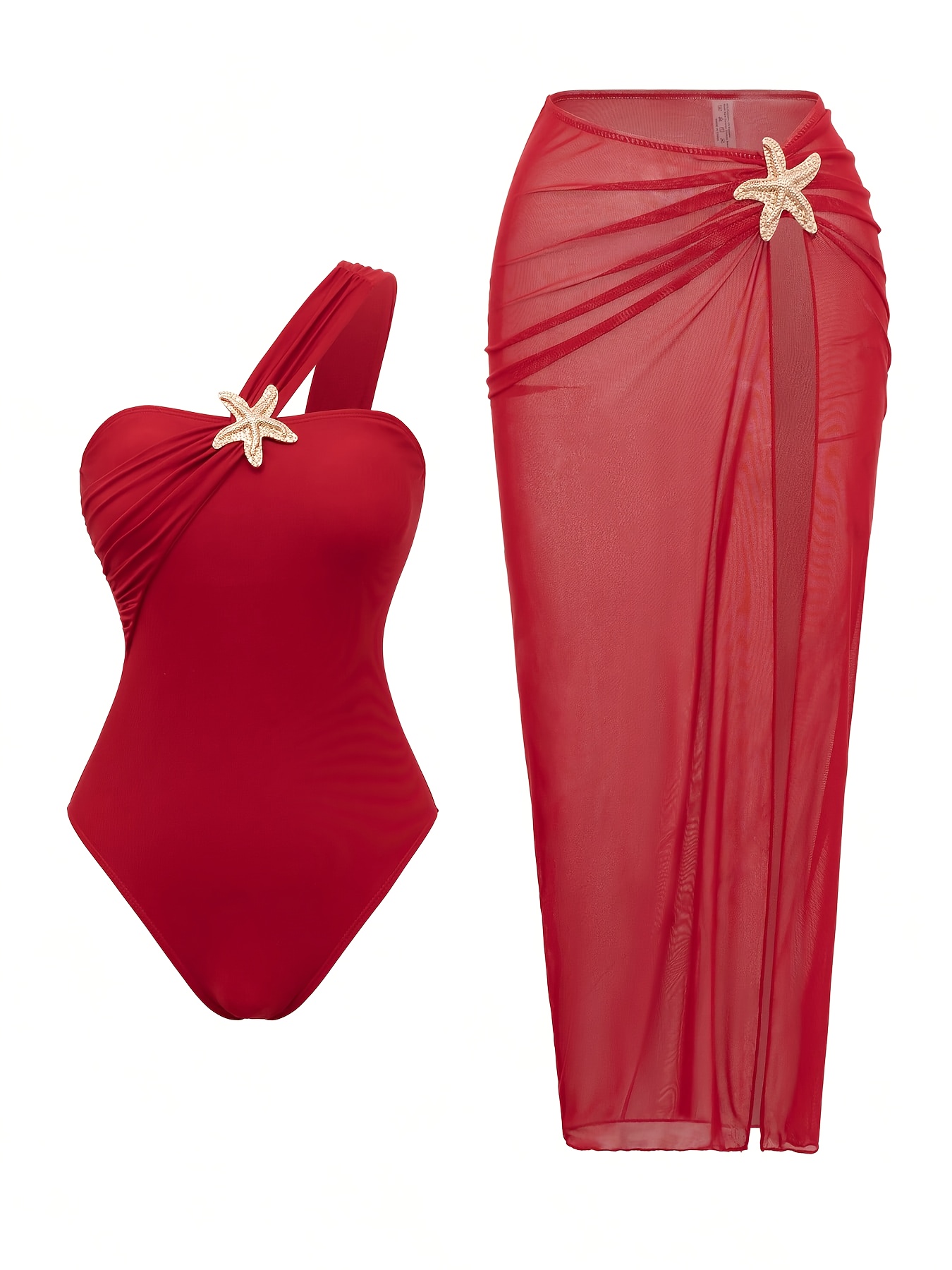 6b91e0c7 1a9a 4eb3 a119 988e6c082f34 Atmosphere Directly Full Fatal Wine Red One-Shoulder Star Decoration One-Piece Swimsuit + Mesh See-Through Slit Cover Skirt Hot Out of The Street Eye-Catching King Fried Show High Rate of Return 200% Set