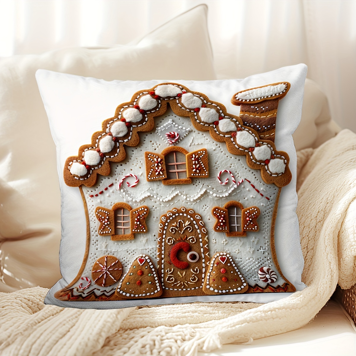 1pc Contemporary Gingerbread House Throw Pillow Cover, Polyester, Zippered, Hand Wash, 17.7"x17.7", Festive Digital Print Design For Various Room Decor - No Insert
1pc Contemporary Gingerbread House Throw Pillow Cover, Polyester, Zippered, Hand Wash, 17.7"x17.7", Festive Digital Print Design For Various Room Decor - No Insert