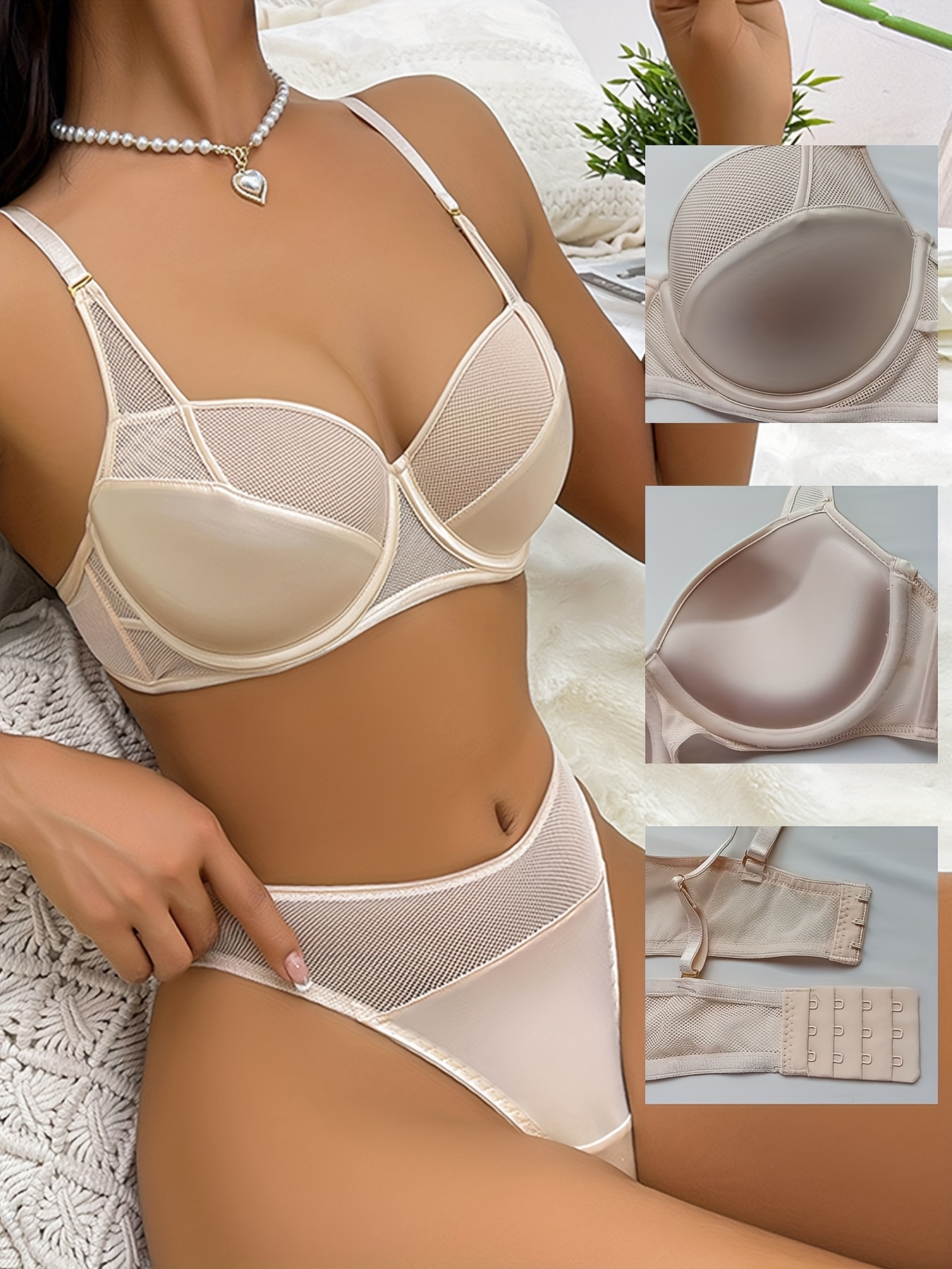 7315655f a5d2 4727 9f61 fc3de7f57a50 Comfortable Bra Set with Thick Cups, Underwire Support, And Mesh Panel Panties.