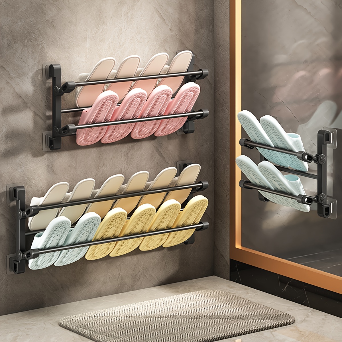 Wall-mounted Shoe Rack, No-drill Slippers Holder, Bathroom Doorway Shoe Storage, Black Stainless Steel, Space-saving Organizer For Travel Accessories
Wall-mounted Shoe Rack, No-drill Slippers Holder, Bathroom Doorway Shoe Storage, Black Stainless Steel, Space-saving Organizer For Travel Accessories