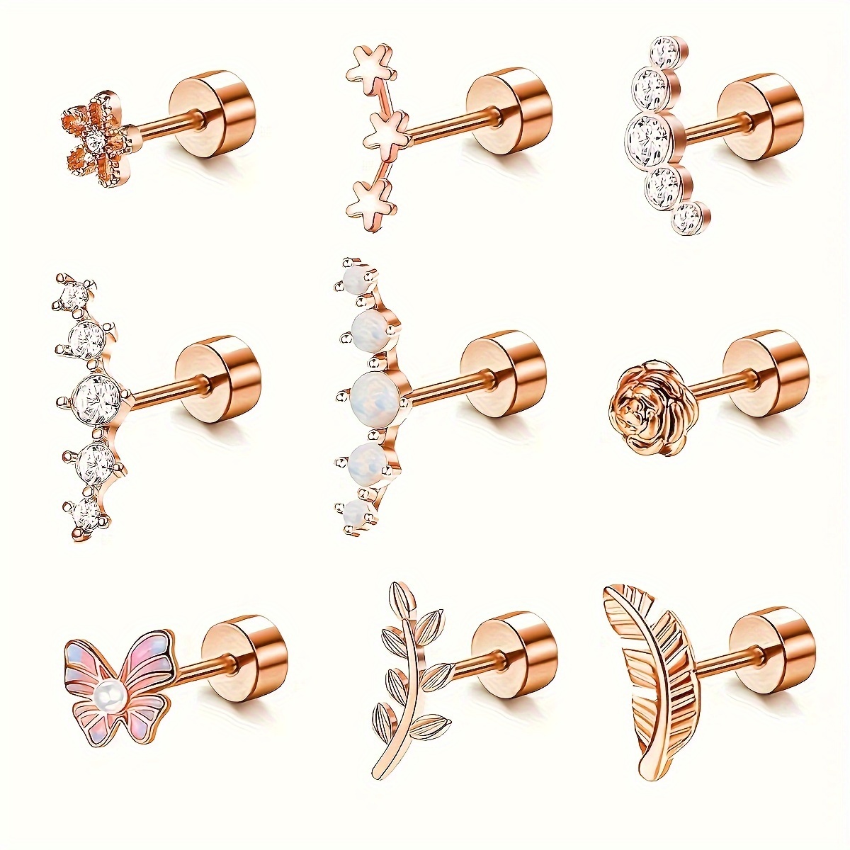 9pcs Elegant & Sexy Cartilage Stud Earrings Set For Women, Surgical Steel Flat Back, Featuring Opal, Butterfly, Flower Designs & Cz Embellishments, Versatile Tragus Helix Piercing Jewelry
9pcs Elegant & Sexy Cartilage Stud Earrings Set For Women, Surgical Steel Flat Back, Featuring Opal, Butterfly, Flower Designs & Cz Embellishments, Versatile Tragus Helix Piercing Jewelry