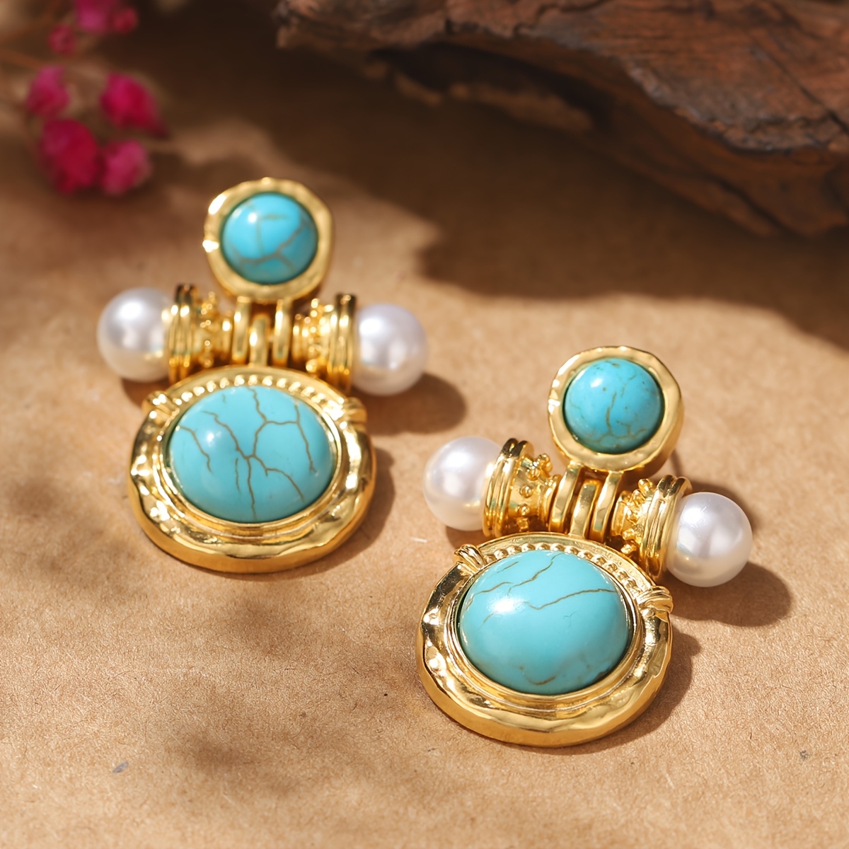 1 Pair Vintage Turquoise Earrings, 18k Golden Plated Alloy With Silver Post, Pearl Accents, Women' Jewelry For & Gift
1 Pair Vintage Turquoise Earrings, 18k Golden Plated Alloy With Silver Post, Pearl Accents, Women' Jewelry For & Gift