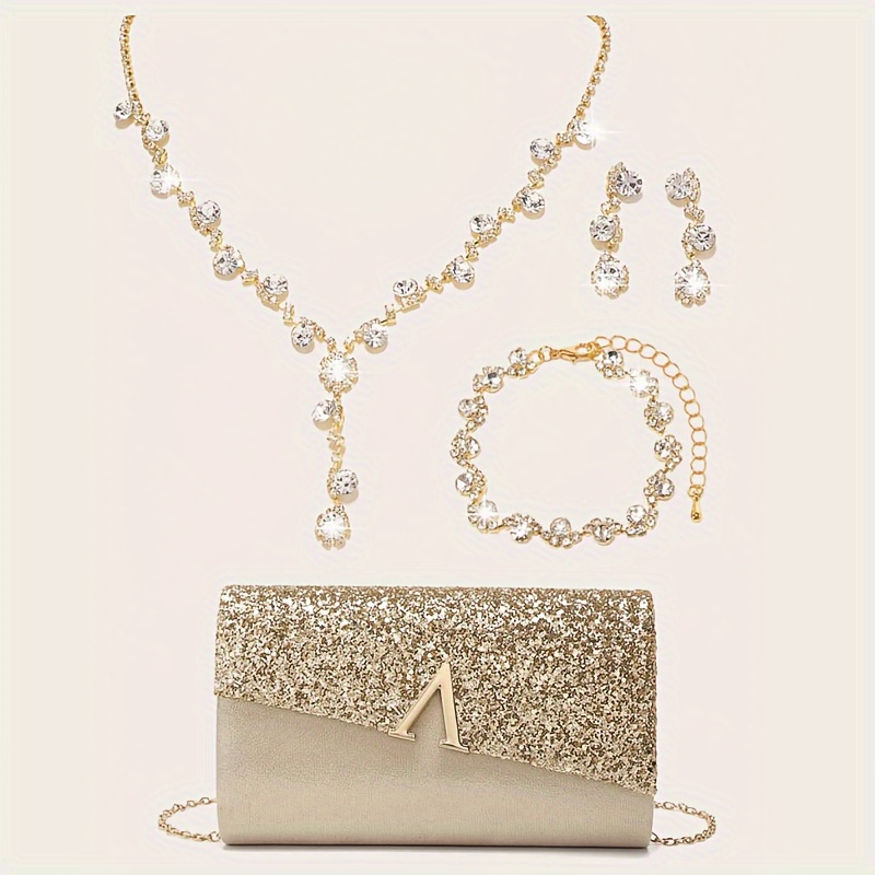 Elegant Glitter Evening Clutch With Chain Flap, Jewelry Set With Rhinestone Earrings, Necklace, Ring, Fashion Accessory For Formal Dinners & Weddings
Elegant Glitter Evening Clutch With Chain Flap, Jewelry Set With Rhinestone Earrings, Necklace, Ring, Fashion Accessory For Formal Dinners & Weddings