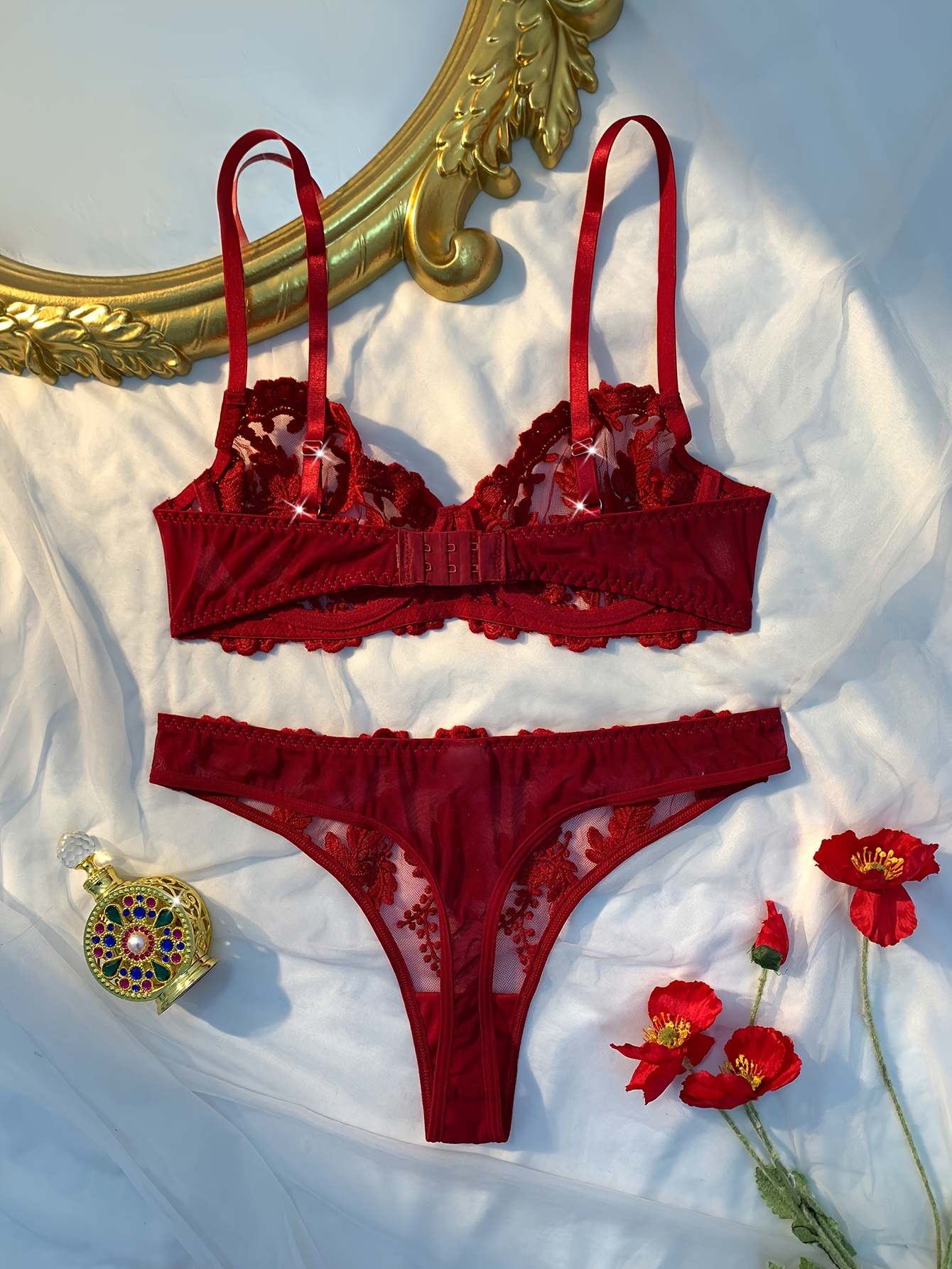 788d2692 fe5c 4681 81b7 3192532027f8 A Burgundy Rice Ear Single-Layer Embroidered Sexy Set, Featuring a Steel Ring Bra And Thong, Bold Women'S Clothing, And a Sheer Lingerie Ensemble