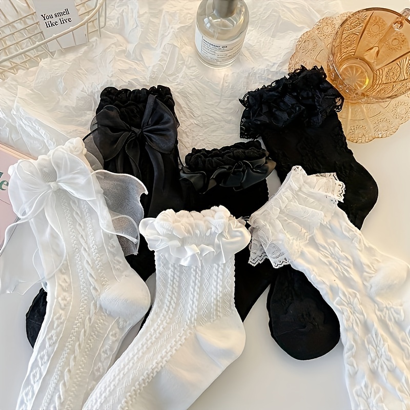 6pcs Elegant Bow & Ruffle Trim Socks For Women, Kawaii Mid-calf Stockings, 100% Polyester, Hand Washable - Black & White Assortment, Cute Socks
6pcs Elegant Bow & Ruffle Trim Socks For Women, Kawaii Mid-calf Stockings, 100% Polyester, Hand Washable - Black & White Assortment, Cute Socks