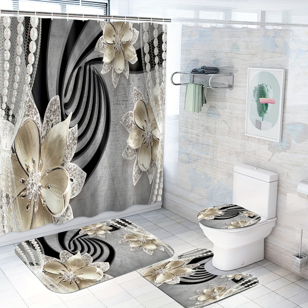 1/4pcs Crystal Floral Pattern Shower Curtain Set, Shower Curtain With 12 Hooks, Non-slip Bath Mat, U-shaped Toilet Mat, Toilet Mat, Bathroom Accessories, Home Decor
1/4pcs Crystal Floral Pattern Shower Curtain Set, Shower Curtain With 12 Hooks, Non-slip Bath Mat, U-shaped Toilet Mat, Toilet Mat, Bathroom Accessories, Home Decor