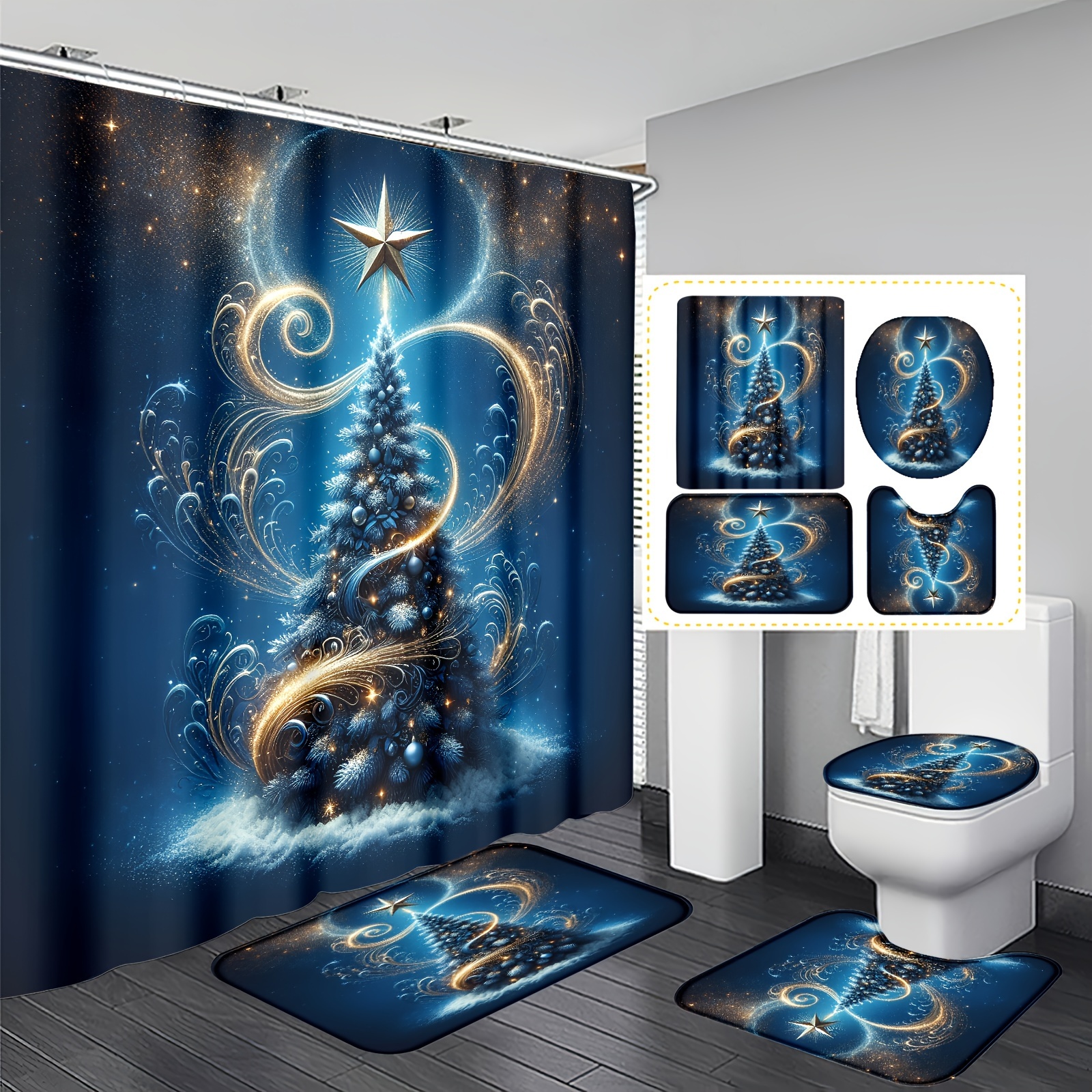 1pc/4pcs Christmas Tree Polyester Waterproof Insulation Home Decoration Bathroom Curtain With 12 Hooks Bathroom Non-slip Mat U-shaped Floor Mat And Round Toilet Seat Mat Bathroom Set Full Scene Use
1pc/4pcs Christmas Tree Polyester Waterproof Insulation Home Decoration Bathroom Curtain With 12 Hooks Bathroom Non-slip Mat U-shaped Floor Mat And Round Toilet Seat Mat Bathroom Set Full Scene Use
