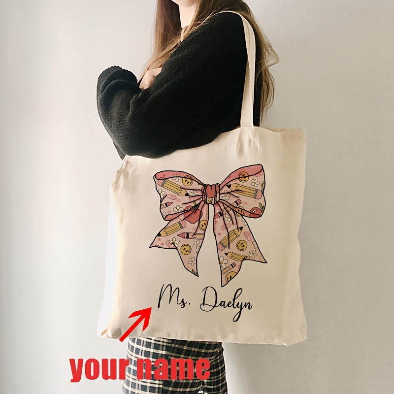 Custom Name Bow Teacher Tote Bag - Personalized Canvas Shoulder Bag, Polyester Fiber, Foldable & Fade Resistant, Ideal For Daily Travel & Shopping, Reusable Messenger Bag For Women
Custom Name Bow Teacher Tote Bag - Personalized Canvas Shoulder Bag, Polyester Fiber, Foldable & Fade Resistant, Ideal For Daily Travel & Shopping, Reusable Messenger Bag For Women