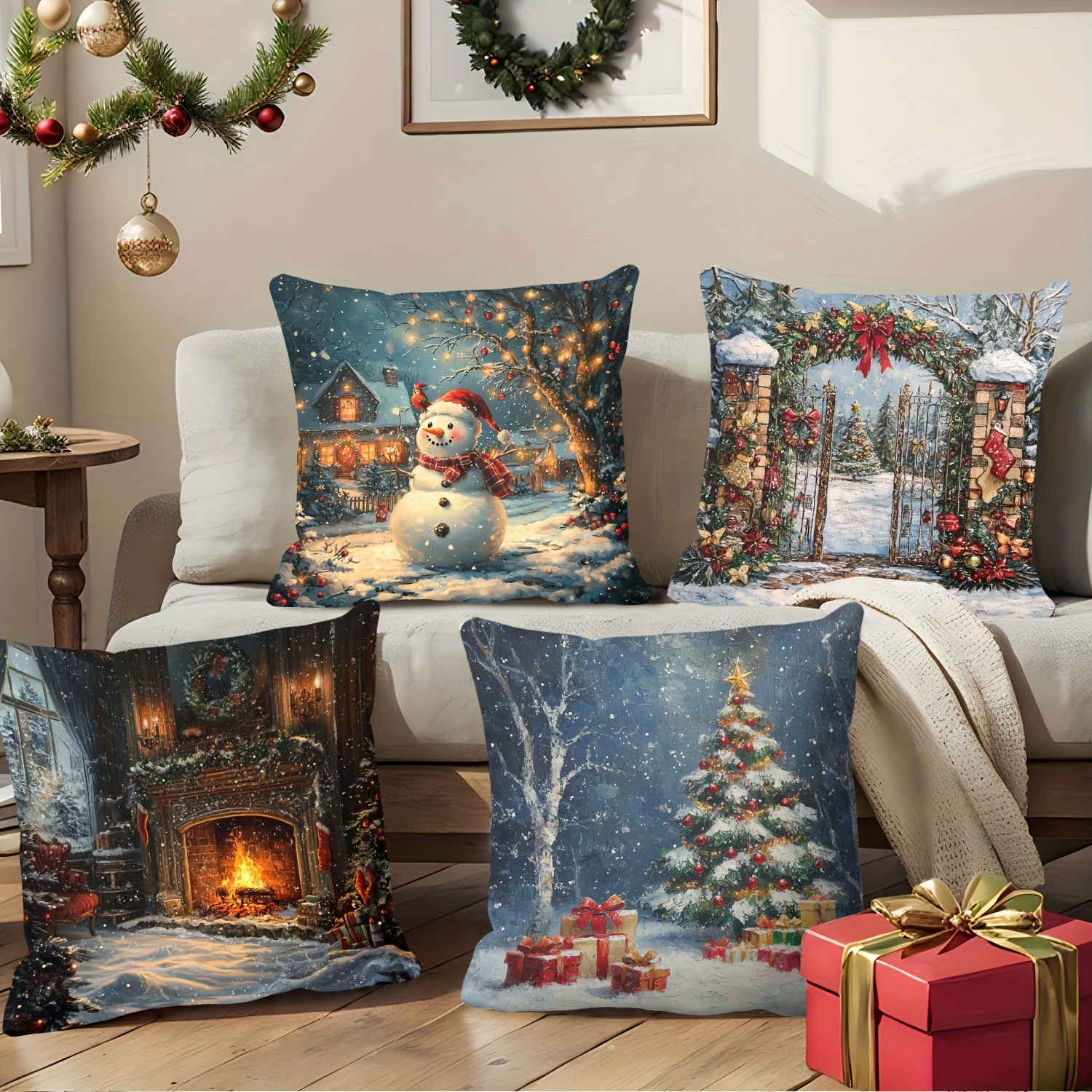 Set Of 4 Vintage Christmas Throw Cushion Covers - Festive Scene Print, Machine Washable, Zippered, Polyester, Decorative Pillowcases For Living Room, 18x18 Inches
Set Of 4 Vintage Christmas Throw Cushion Covers - Festive Scene Print, Machine Washable, Zippered, Polyester, Decorative Pillowcases For Living Room, 18x18 Inches