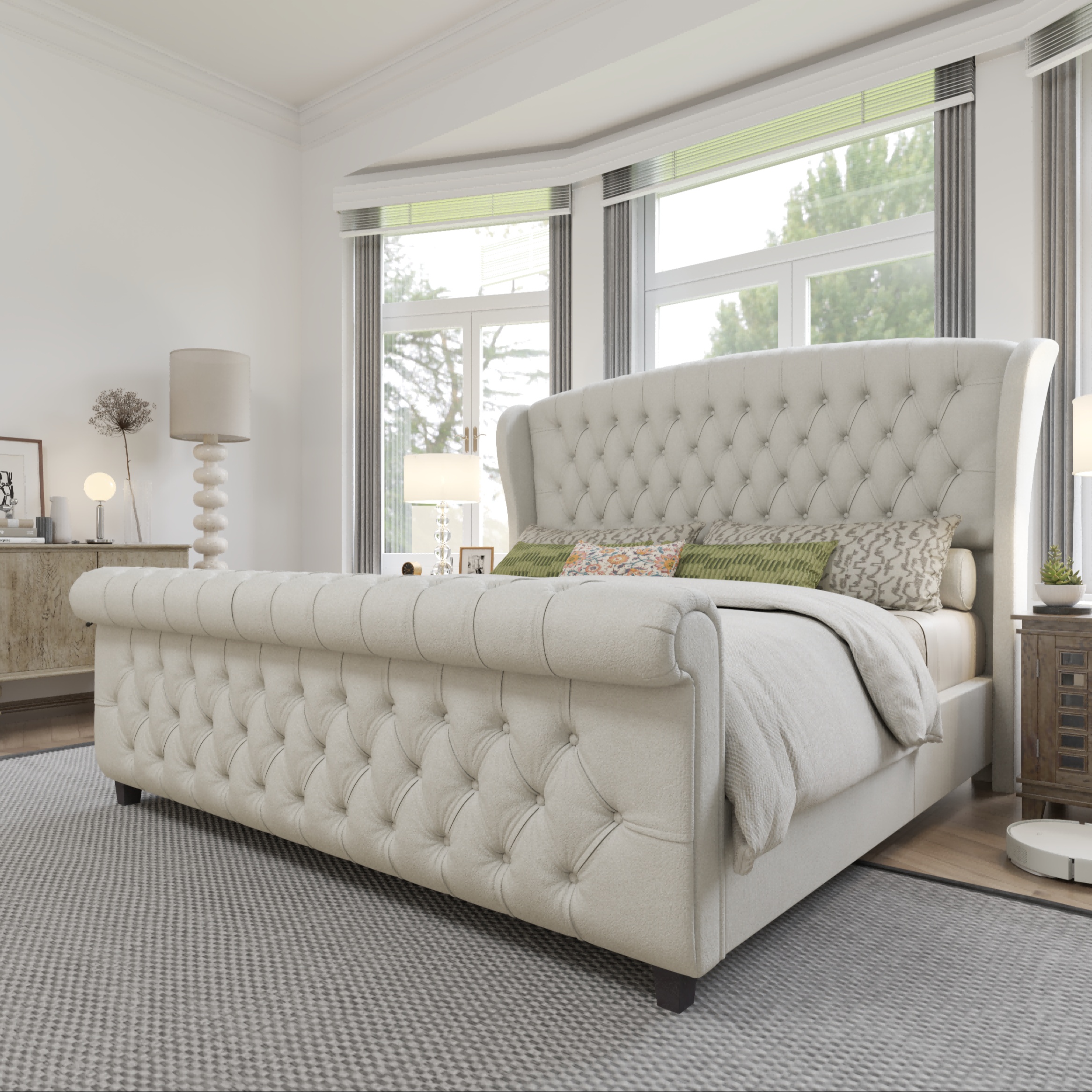 King Size Platform Bed Frame, Velvet Upholstered With Curved Headboard & Footboard, Deep Button Tufted, Wood Slats Support, Spring Needed Cream
King Size Platform Bed Frame, Velvet Upholstered With Curved Headboard & Footboard, Deep Button Tufted, Wood Slats Support, Spring Needed Cream