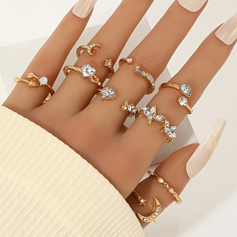 9pcs Set Elegant Zinc Alloy Rings With Accents, Moon, Star, And Floral Designs, For And Parties, Bohemian Style, , Jewelry
9pcs Set Elegant Zinc Alloy Rings With Accents, Moon, Star, And Floral Designs, For And Parties, Bohemian Style, , Jewelry