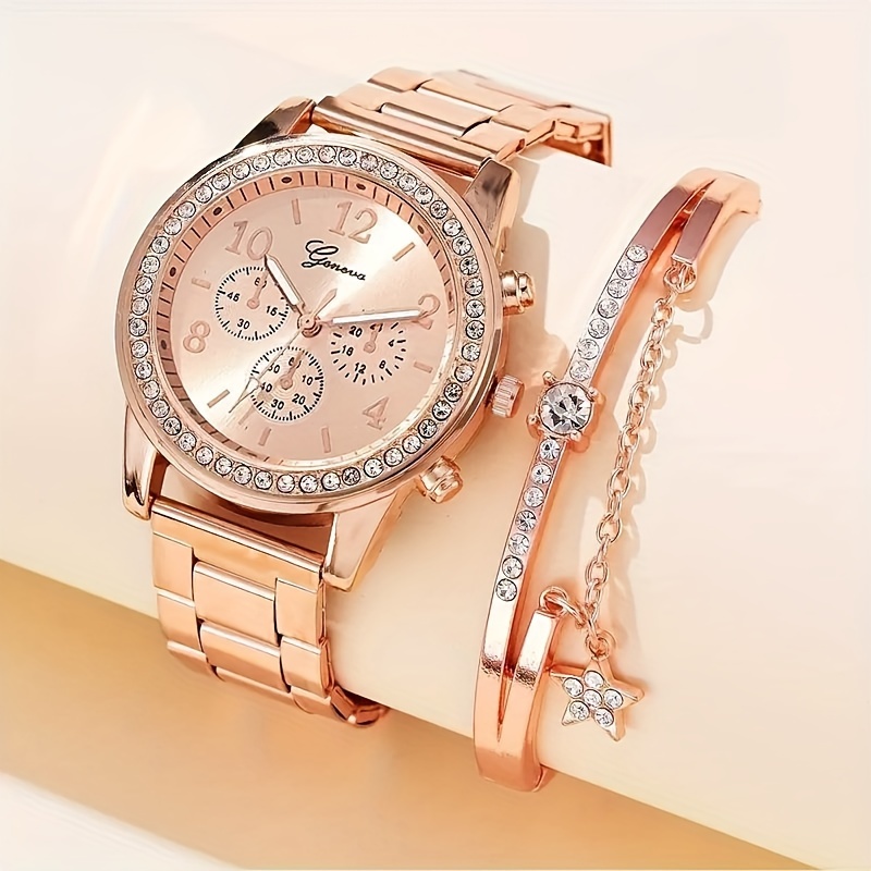 2pcs/set Women's Luxury Rhinestone Quartz Watch Golden, Rose Gold Fashion Stainless Steel Wrist Watch & Bracelet, Gift For Mom Her
2pcs/set Women's Luxury Rhinestone Quartz Watch Golden, Rose Gold Fashion Stainless Steel Wrist Watch & Bracelet, Gift For Mom Her