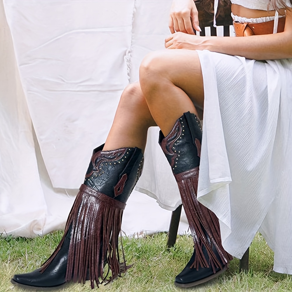 Western Cowgirl Mid-calf Boots For Women, Fashion Pu Leather Pointed Toe With Embroidery, Chunky Heel, Knee-high, Strap, Pull-on Fringe Shoes
Western Cowgirl Mid-calf Boots For Women, Fashion Pu Leather Pointed Toe With Embroidery, Chunky Heel, Knee-high, Strap, Pull-on Fringe Shoes
