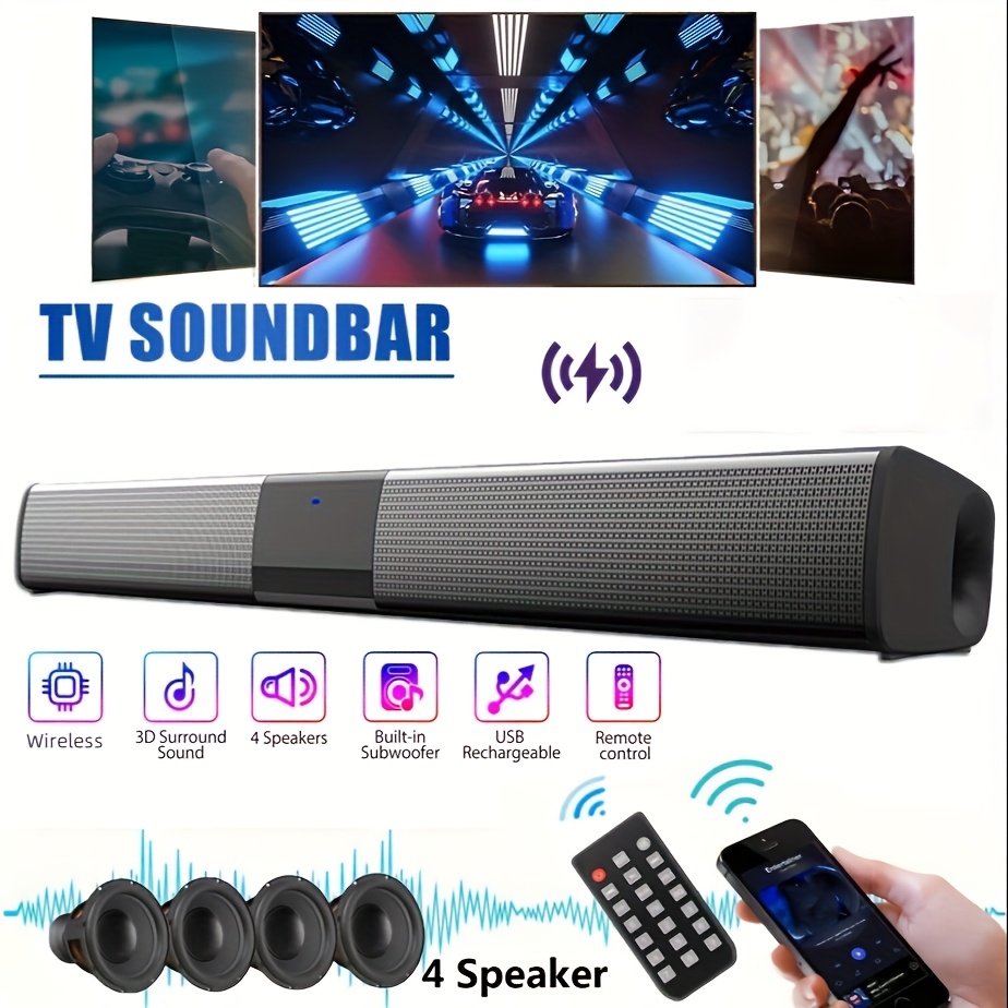 20w Soundbar, Home Theater Wireless Surround Sound Pa System With 4 Subwoofers, Computer Game Auxiliary Audio Output Sound Bar Speaker, Supports Optical, Aux, Usb, Tf Card, Tws And Input
20w Soundbar, Home Theater Wireless Surround Sound Pa System With 4 Subwoofers, Computer Game Auxiliary Audio Output Sound Bar Speaker, Supports Optical, Aux, Usb, Tf Card, Tws And Input