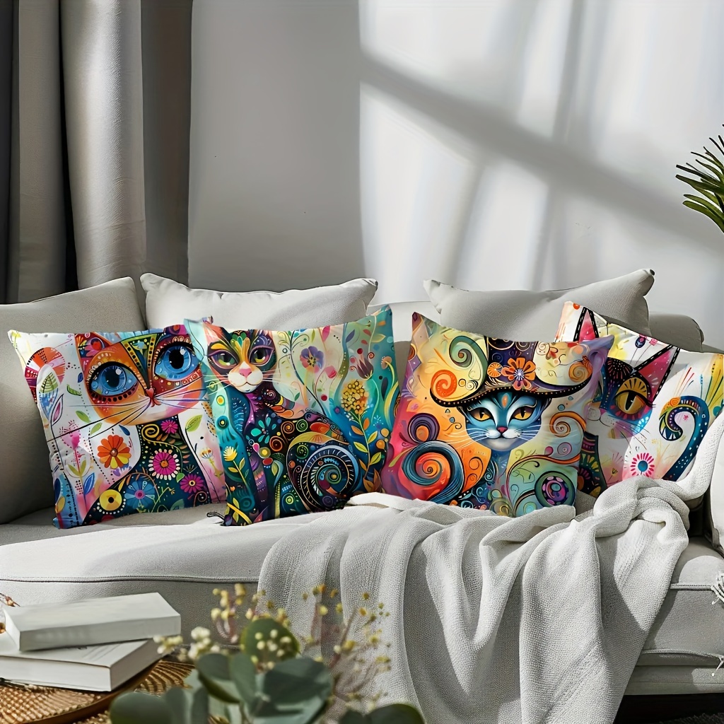 Contemporary Cat Print Throw Pillow Covers, Set Of 4, Zipper Closure, Machine Washable, 100% Polyester Woven Decorative Cushion Cases For Living Room Sofa And Bedroom Decor
Contemporary Cat Print Throw Pillow Covers, Set Of 4, Zipper Closure, Machine Washable, 100% Polyester Woven Decorative Cushion Cases For Living Room Sofa And Bedroom Decor