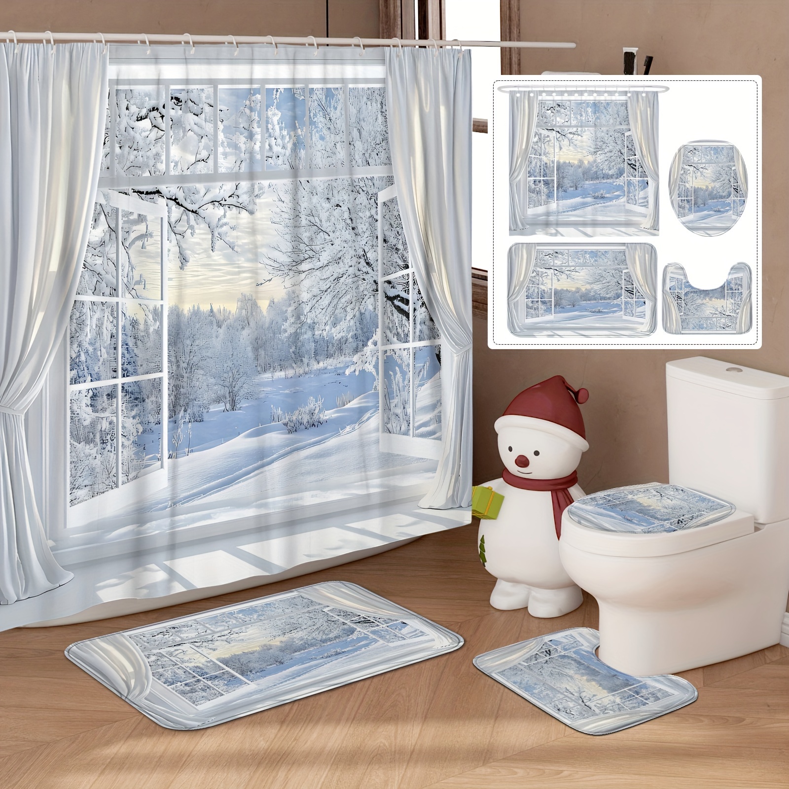 1/4pcs Christmas Winter Shower Curtain Set: Window Scene White Polyester Washable Shower Curtain With 12 Hooks, Non-slip Bath Mat, Toilet Lid Cover Mat For Holiday Bathroom Decor
1/4pcs Christmas Winter Shower Curtain Set: Window Scene White Polyester Washable Shower Curtain With 12 Hooks, Non-slip Bath Mat, Toilet Lid Cover Mat For Holiday Bathroom Decor