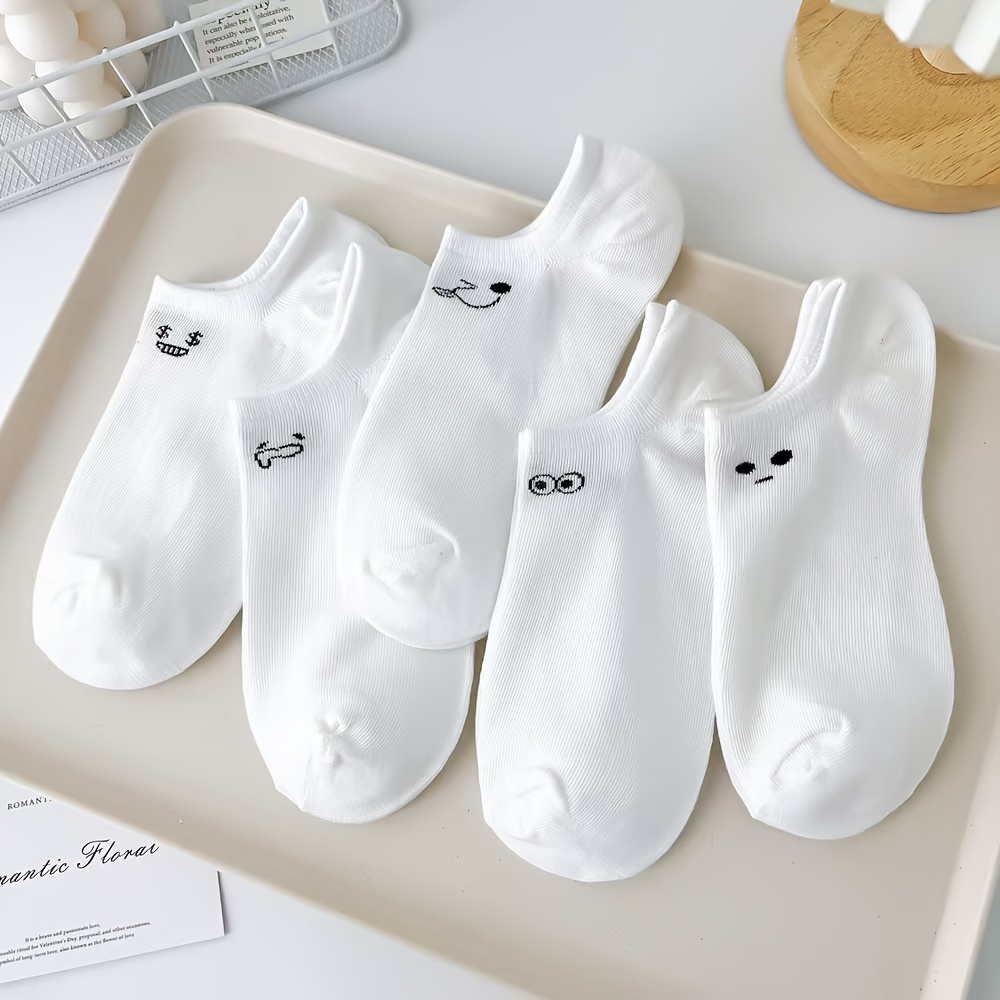 5pcs Elegant White Ankle Socks For Women, Comfortable & Design With Face Patterns, Soft Polyester/spandex , Casual Attire, Cute Socks
5pcs Elegant White Ankle Socks For Women, Comfortable & Design With Face Patterns, Soft Polyester/spandex , Casual Attire, Cute Socks
