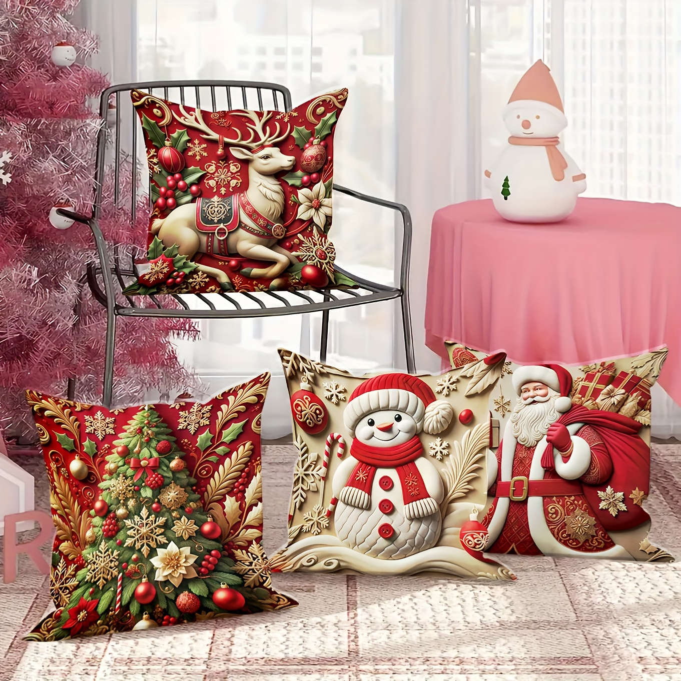 4- Christmas Cushion Covers, 3d Santa, Snowman, , Linen Pillowcases, Red & , Contemporary , Washable, , , , For Sofa Bed Decor
4- Christmas Cushion Covers, 3d Santa, Snowman, , Linen Pillowcases, Red & , Contemporary , Washable, , , , For Sofa Bed Decor