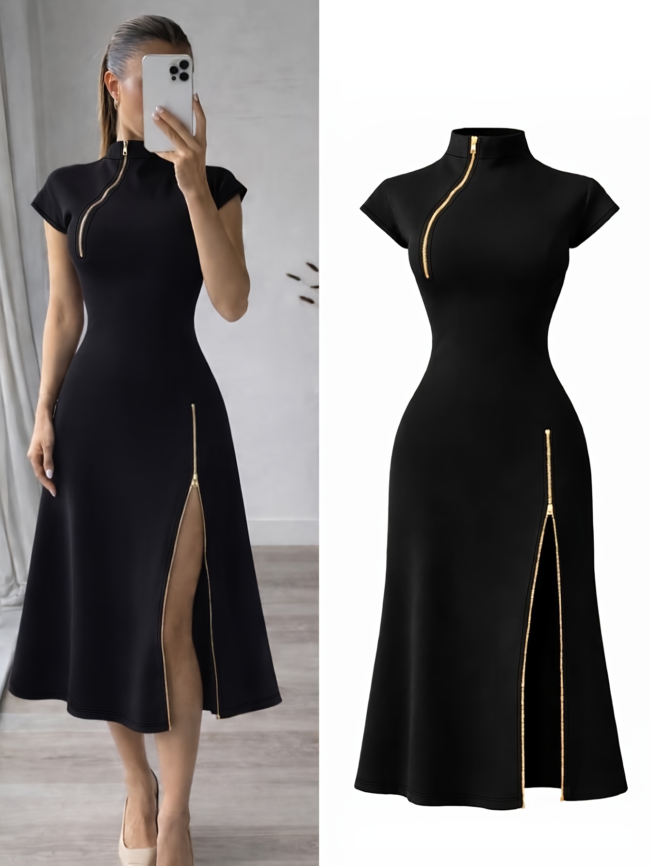 9b1cbc4d 2795 48d1 8270 b2f3947ef0ae Elegant Women'S Black Golden Zipper Detail Slim Mid-Length Dress, Date Night, Romantic Evening, Holiday Attire, Party, Date, Elegant Party Wear, Elegant Refined Chic Dress