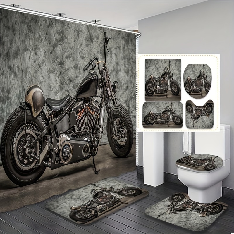 4pcs Creative Motorcycle Pattern Shower Curtain Set, Bathroom Retro Shower Curtain, Waterproof Shower Curtain, Bathroom Carpet, Toilet U-shaped Mat, Toilet Cover, Bathroom Decoration With 12 Hooks
4pcs Creative Motorcycle Pattern Shower Curtain Set, Bathroom Retro Shower Curtain, Waterproof Shower Curtain, Bathroom Carpet, Toilet U-shaped Mat, Toilet Cover, Bathroom Decoration With 12 Hooks