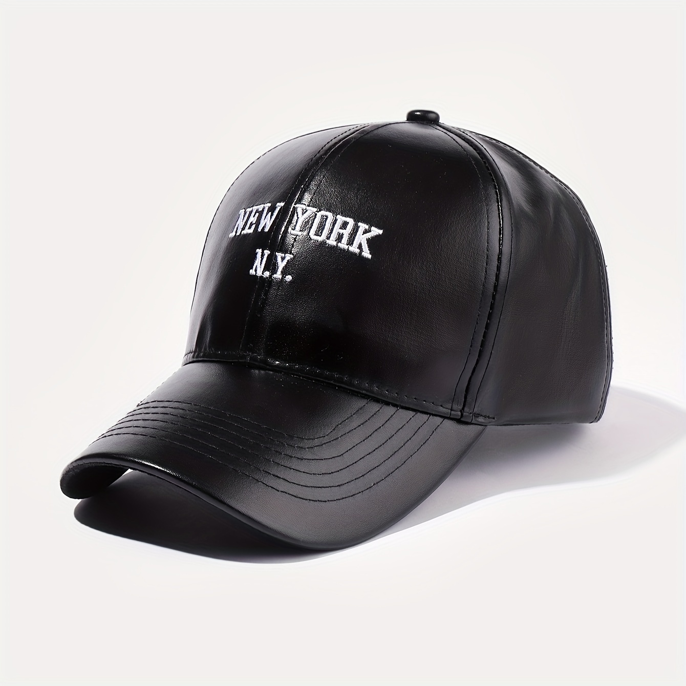 1pc Stylish Ny Pu Leather Baseball Cap - Adjustable Snapback, Sun Protection, Black With White Lettering, Outdoor And Casual Wear
1pc Stylish Ny Pu Leather Baseball Cap - Adjustable Snapback, Sun Protection, Black With White Lettering, Outdoor And Casual Wear