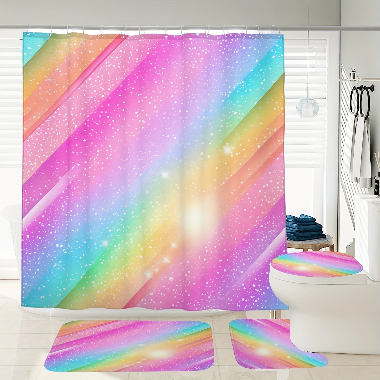 1/4pcs Rainbow Striped Pattern Shower Curtain Set, Waterproof Shower Curtain With Hooks, Non-slip Bath Rug, U-shape Mat, Toilet Lid Cover Pad, Home Decor, Bathroom Accessories
1/4pcs Rainbow Striped Pattern Shower Curtain Set, Waterproof Shower Curtain With Hooks, Non-slip Bath Rug, U-shape Mat, Toilet Lid Cover Pad, Home Decor, Bathroom Accessories