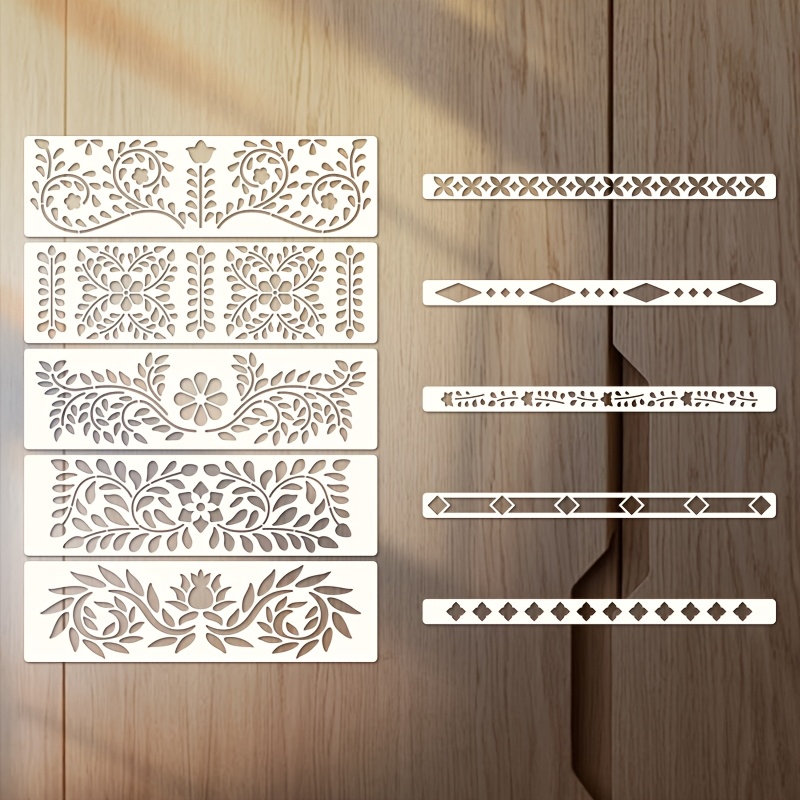 10-pack Reusable Pattern Stencils For Painting, Inches 5pcs, 14x1 Inches 5pcs, Polyethylene Terephthalate, For Fabric, Wood, Glass, Diy Crafts, Creamy White
10-pack Reusable Pattern Stencils For Painting, Inches 5pcs, 14x1 Inches 5pcs, Polyethylene Terephthalate, For Fabric, Wood, Glass, Diy Crafts, Creamy White
