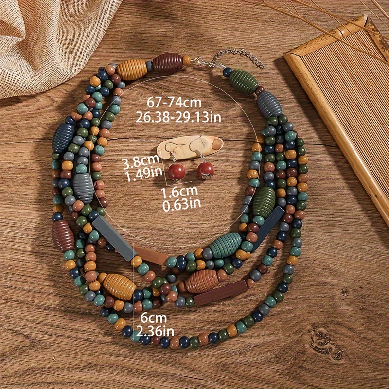 bohemian multicolor layered wooden bead necklace earrings-temu japan