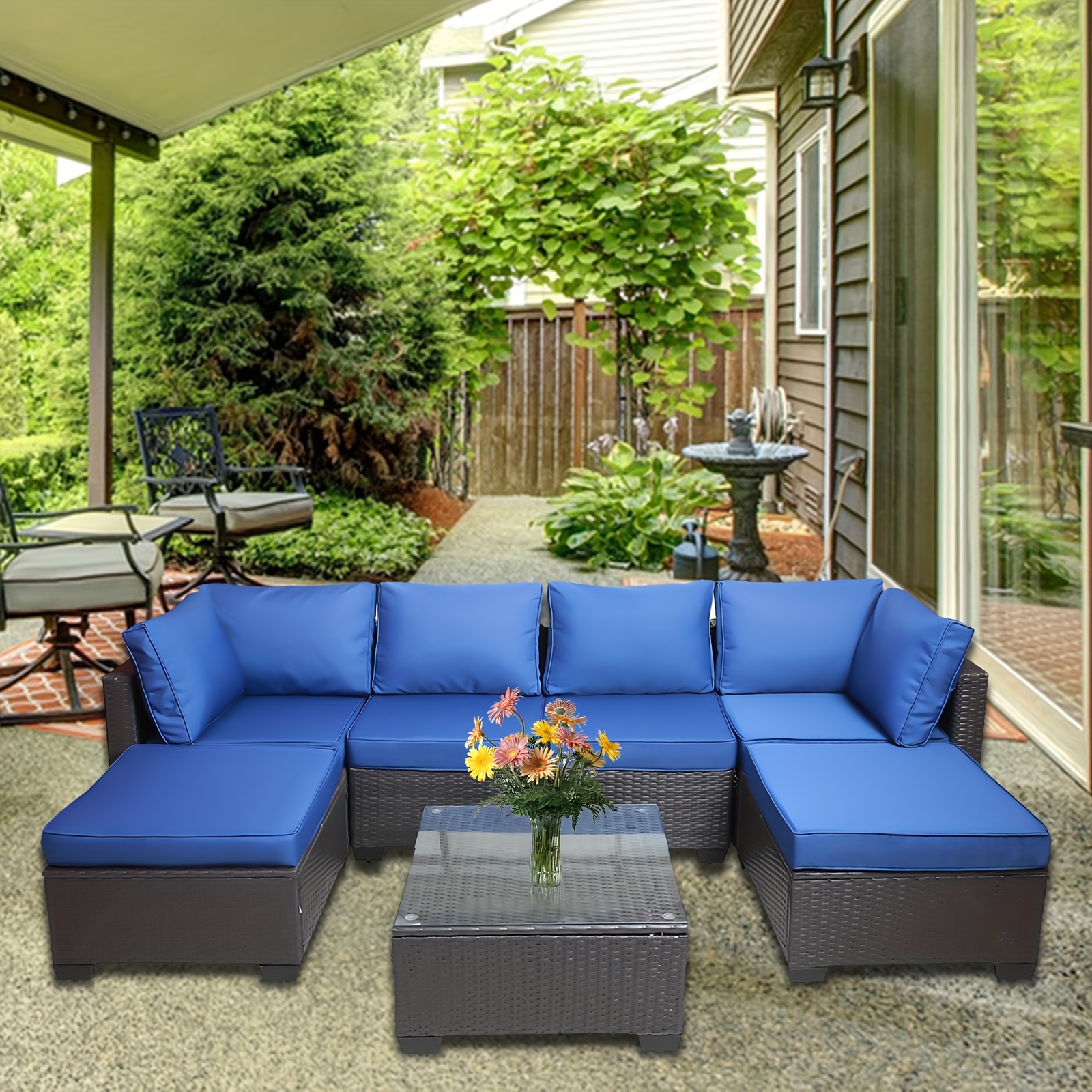 7 Pieces Outdoor Pe Wicker Furniture Set Patio Rattan Sectional Conversation Sofa Set With Navy Blue Cushions And Glass Top Table
7 Pieces Outdoor Pe Wicker Furniture Set Patio Rattan Sectional Conversation Sofa Set With Navy Blue Cushions And Glass Top Table