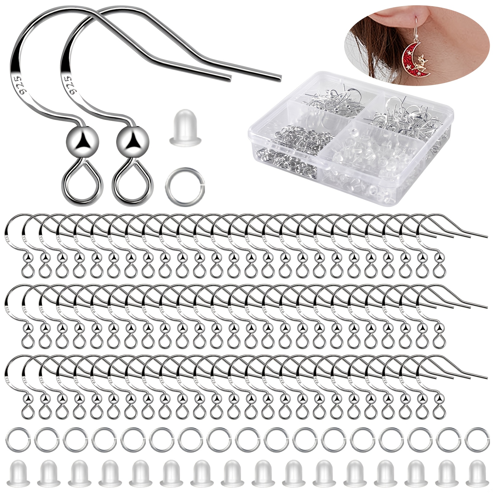 100pcs/50 Pairs Hypoallergenic 925 Silver Plated Copper Earring Hooks Set With Jump Rings, 200pcs Rubber Backs, Storage Box - Jewelry Making Supplies And Findings Kit
100pcs/50 Pairs Hypoallergenic 925 Silver Plated Copper Earring Hooks Set With Jump Rings, 200pcs Rubber Backs, Storage Box - Jewelry Making Supplies And Findings Kit
