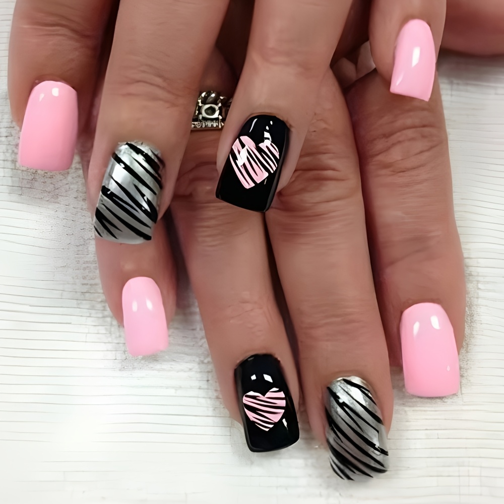24pcs Black & 's Day Press-on Nails, Square Medium Length, With Stripes And Heart Patterns, For Women's Fake Nails
24pcs Black & 's Day Press-on Nails, Square Medium Length, With Stripes And Heart Patterns, For Women's Fake Nails