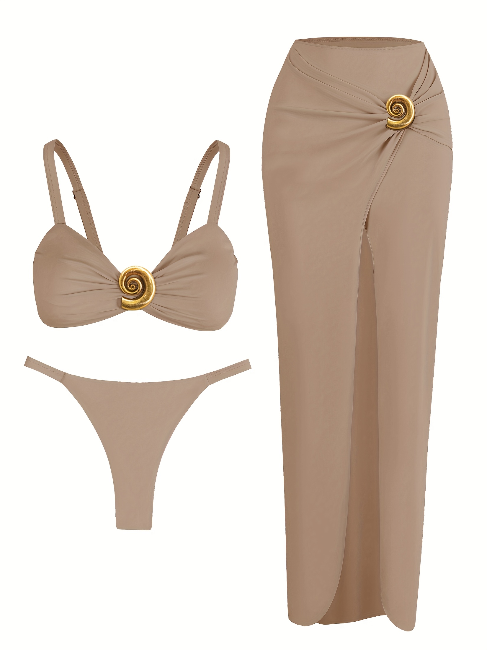 aed53ce5 5ced 4a8b 93a3 dd614ee0c170 EDOLYNSA Sling Bikini Khaki Metal Conch Decoration Pleated High Slit Long Skirt Sexy Skirt Bikini Set Summer New Outdoor Holiday Beach Swimwear K139