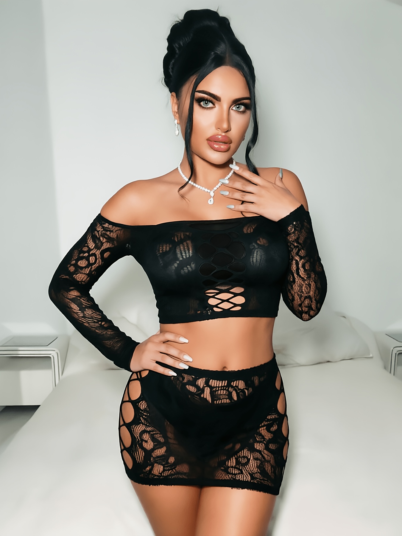 b343d1e7 ddab 4084 9679 2fc9bb75f3ad Plus-Size Women'S Two-Piece Set - Stretch Lace Cutout Crop Top And Mini Skirt, Leopard-Print Cutout Outfit for Carnival/Easter/Date Night Parties, Hand Washable, Unlined