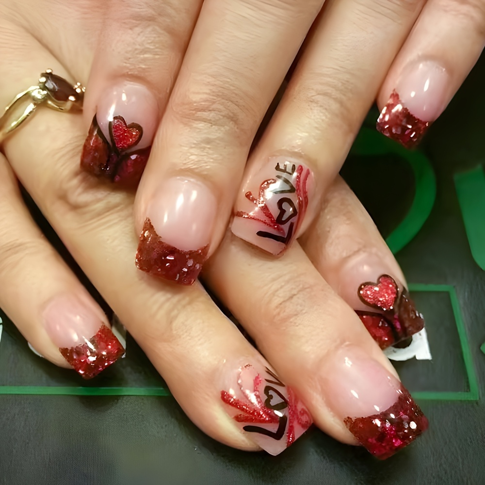 24pcs Valentine's Day Short Square Press-on Nails Set, French Manicure With Red Heart & Letter Sequins, Mixed , Red Line Accents, For Girls/ladies
24pcs Valentine's Day Short Square Press-on Nails Set, French Manicure With Red Heart & Letter Sequins, Mixed , Red Line Accents, For Girls/ladies