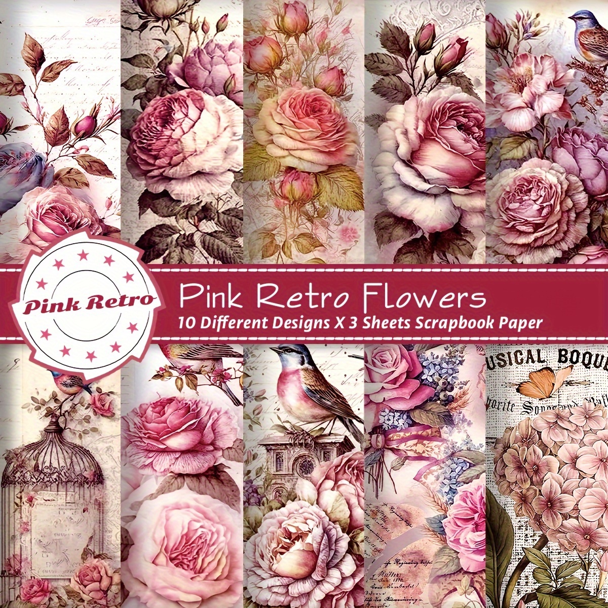 Pink Retro Flowers , Rose & Bird Patterns, 5.5x4.3 Inch Postcard Size, Craft Paper Kit For Journaling, Decoupage, Origami, Gift Wrapping, Vintage Room Decor
Pink Retro Flowers , Rose & Bird Patterns, 5.5x4.3 Inch Postcard Size, Craft Paper Kit For Journaling, Decoupage, Origami, Gift Wrapping, Vintage Room Decor