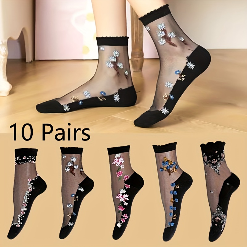 10 Pairs Women's Floral Embroidered Sheer Socks, Crystal Glass, Non-slip, Polyester 60%, Polyamide 35%, Elastane 5%, Knit Fabric, Machine Washable, Spring/summer Thin Short Socks
10 Pairs Women's Floral Embroidered Sheer Socks, Crystal Glass, Non-slip, Polyester 60%, Polyamide 35%, Elastane 5%, Knit Fabric, Machine Washable, Spring/summer Thin Short Socks