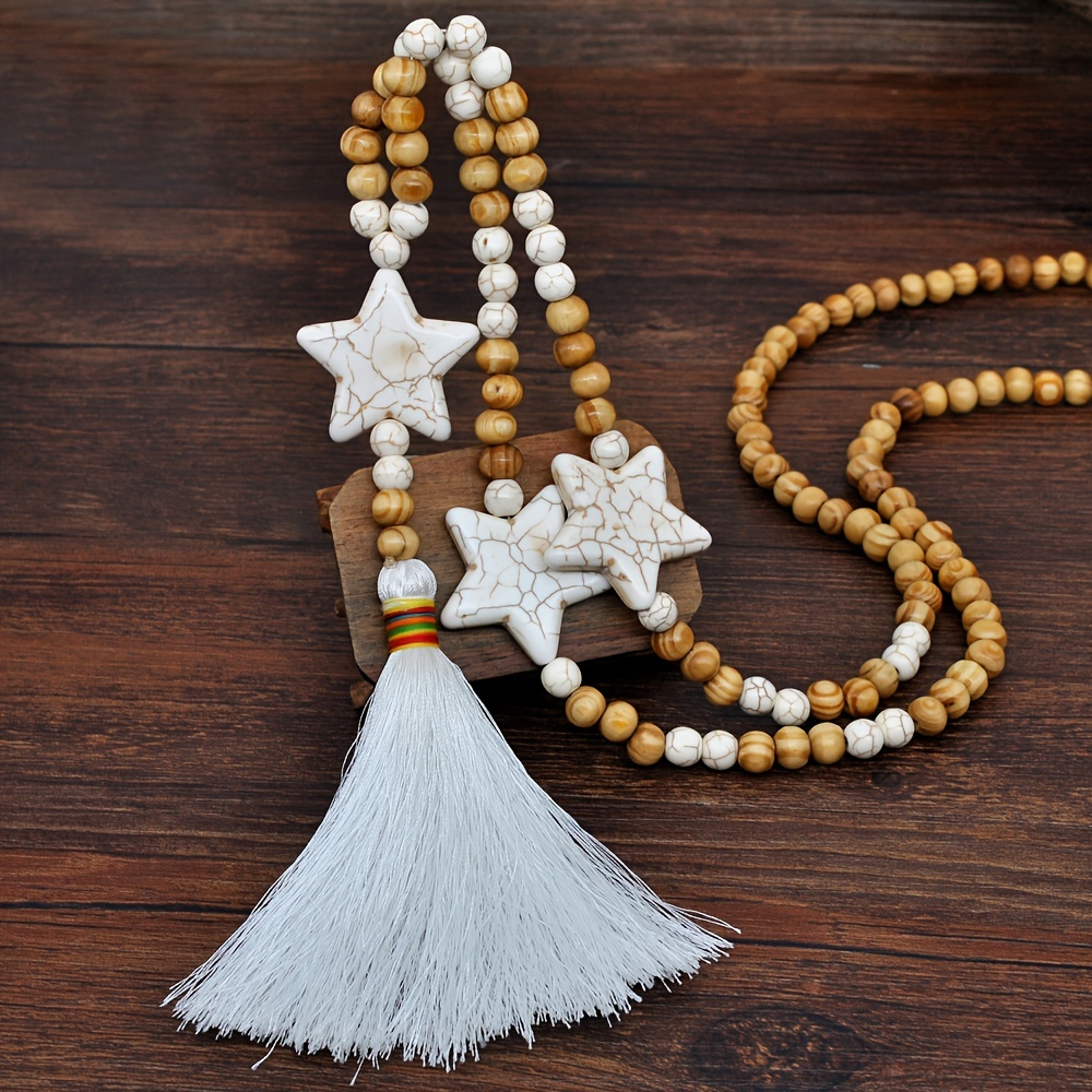 1pc Bohemian Vintage Beaded Star Pendant Necklace With White Tassel, Synthetic Turquoise December Birthstone, Chic Sweater Chain For Women, Gift For Eid, Ramadan
1pc Bohemian Vintage Beaded Star Pendant Necklace With White Tassel, Synthetic Turquoise December Birthstone, Chic Sweater Chain For Women, Gift For Eid, Ramadan