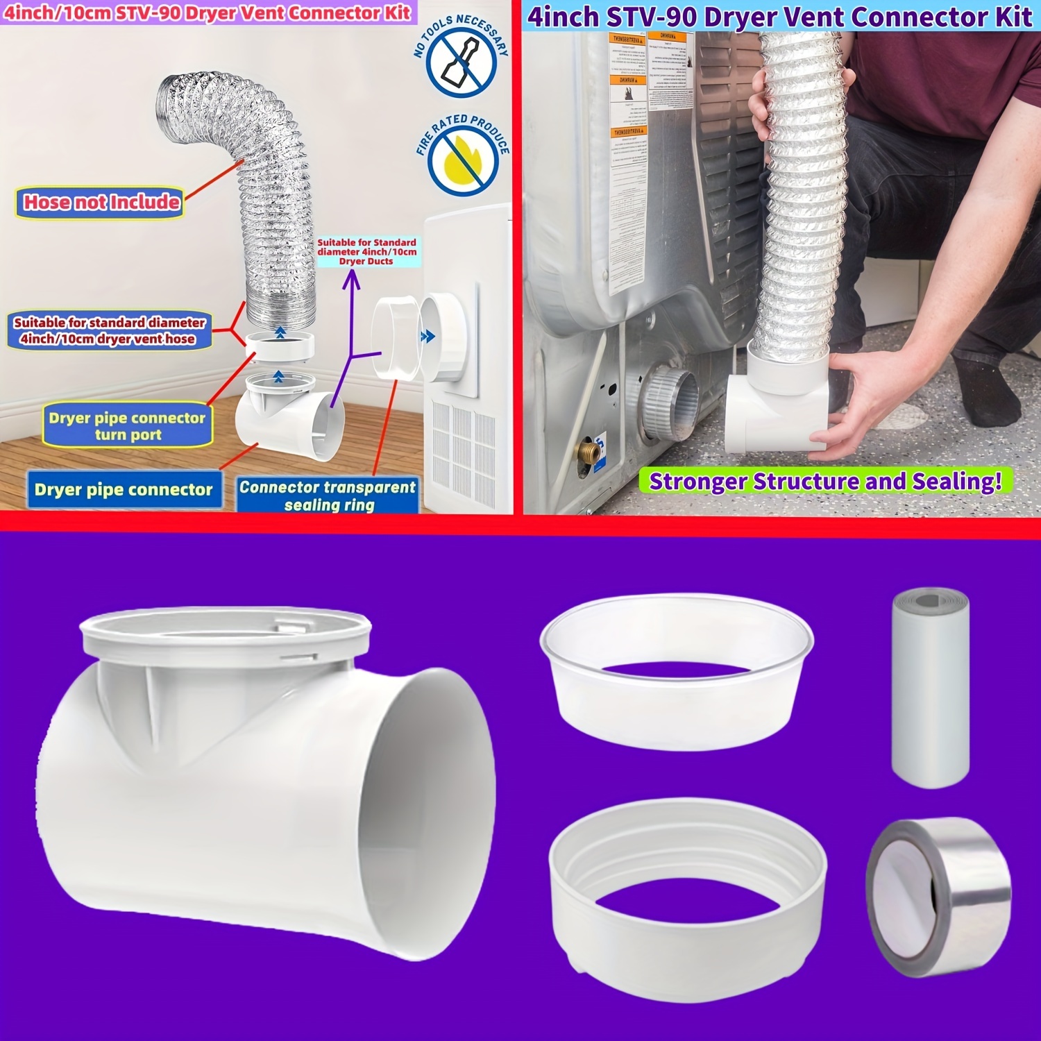 4-inch Dryer Vent Connector Kit With Bracket - Plastic Dryer Duct Adapter Set, Includes Stv-90 Elbow Connector, Sealing, , Performance
4-inch Dryer Vent Connector Kit With Bracket - Plastic Dryer Duct Adapter Set, Includes Stv-90 Elbow Connector, Sealing, , Performance