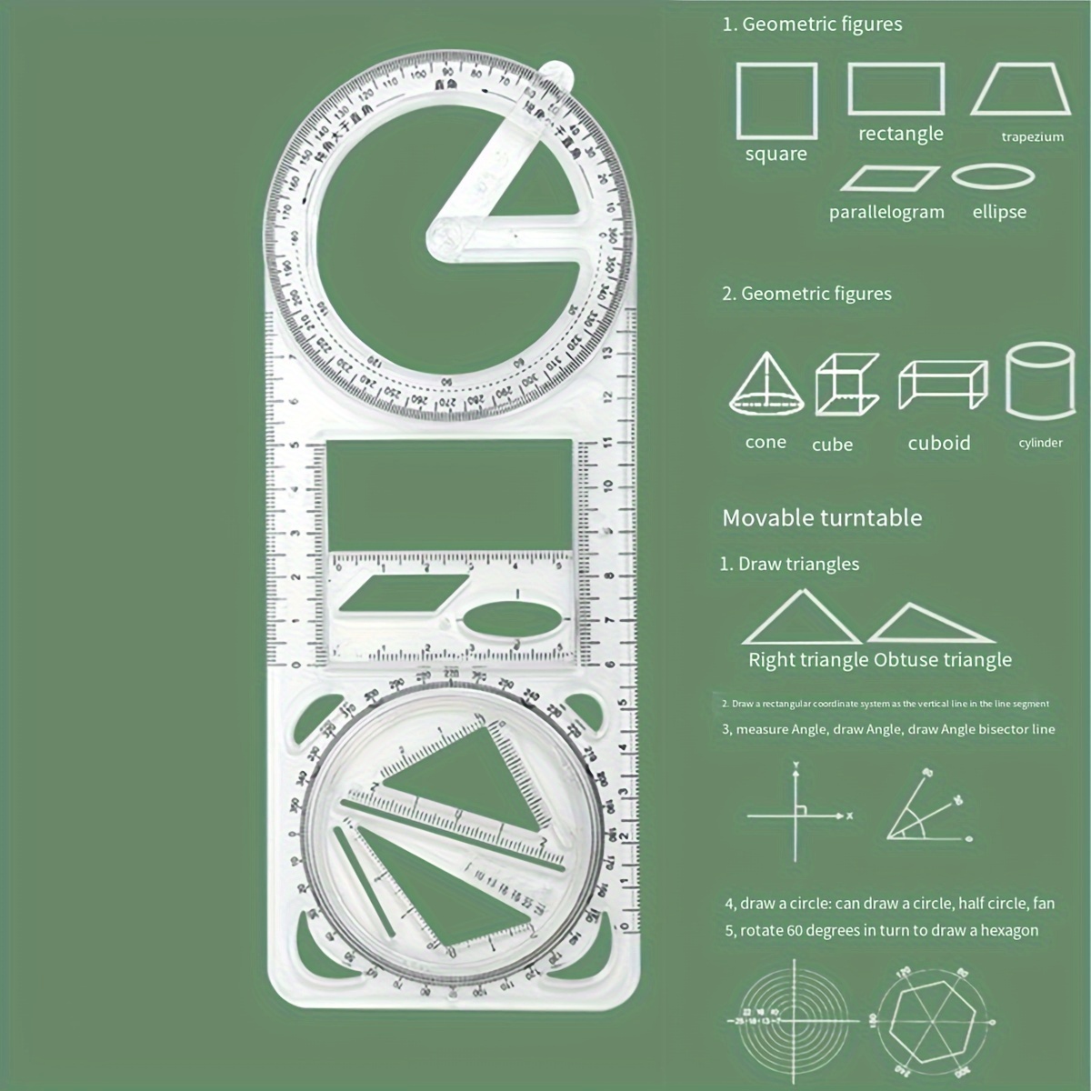1pc Math Multi-functional Drawing Ruler, Geometric Ruler Function Ruler Triangular Ruler Protractor
1pc Math Multi-functional Drawing Ruler, Geometric Ruler Function Ruler Triangular Ruler Protractor