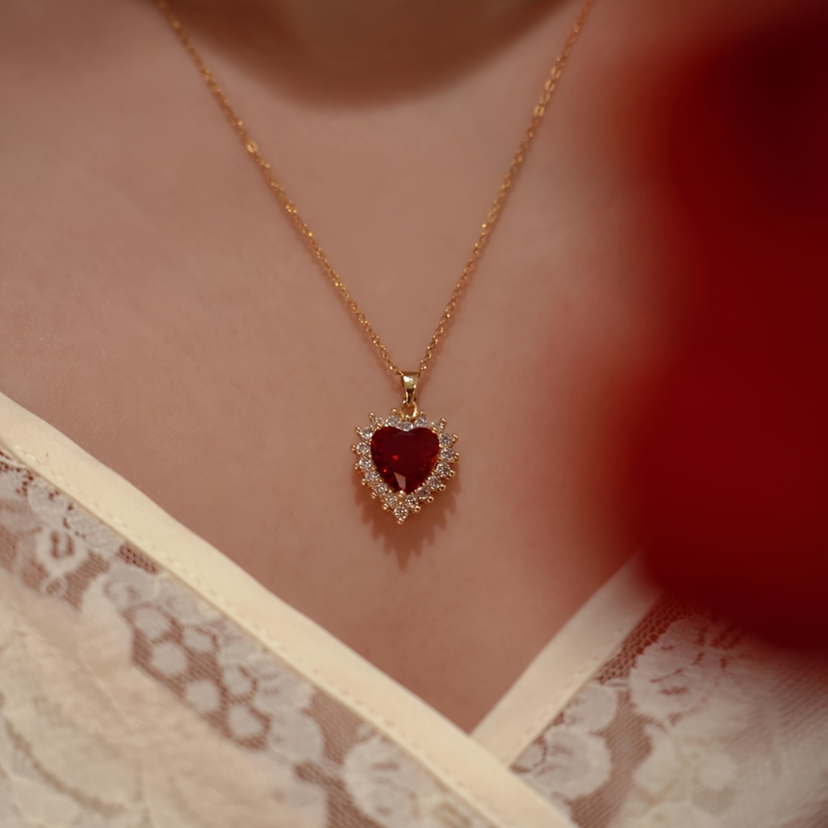 Elegant Red Heart Pendant Necklace With Sparkling Cubic Zirconia Accents - Golden-tone Stainless Steel Chain, Valentine's Day, Day & Birthdays
Elegant Red Heart Pendant Necklace With Sparkling Cubic Zirconia Accents - Golden-tone Stainless Steel Chain, Valentine's Day, Day & Birthdays
