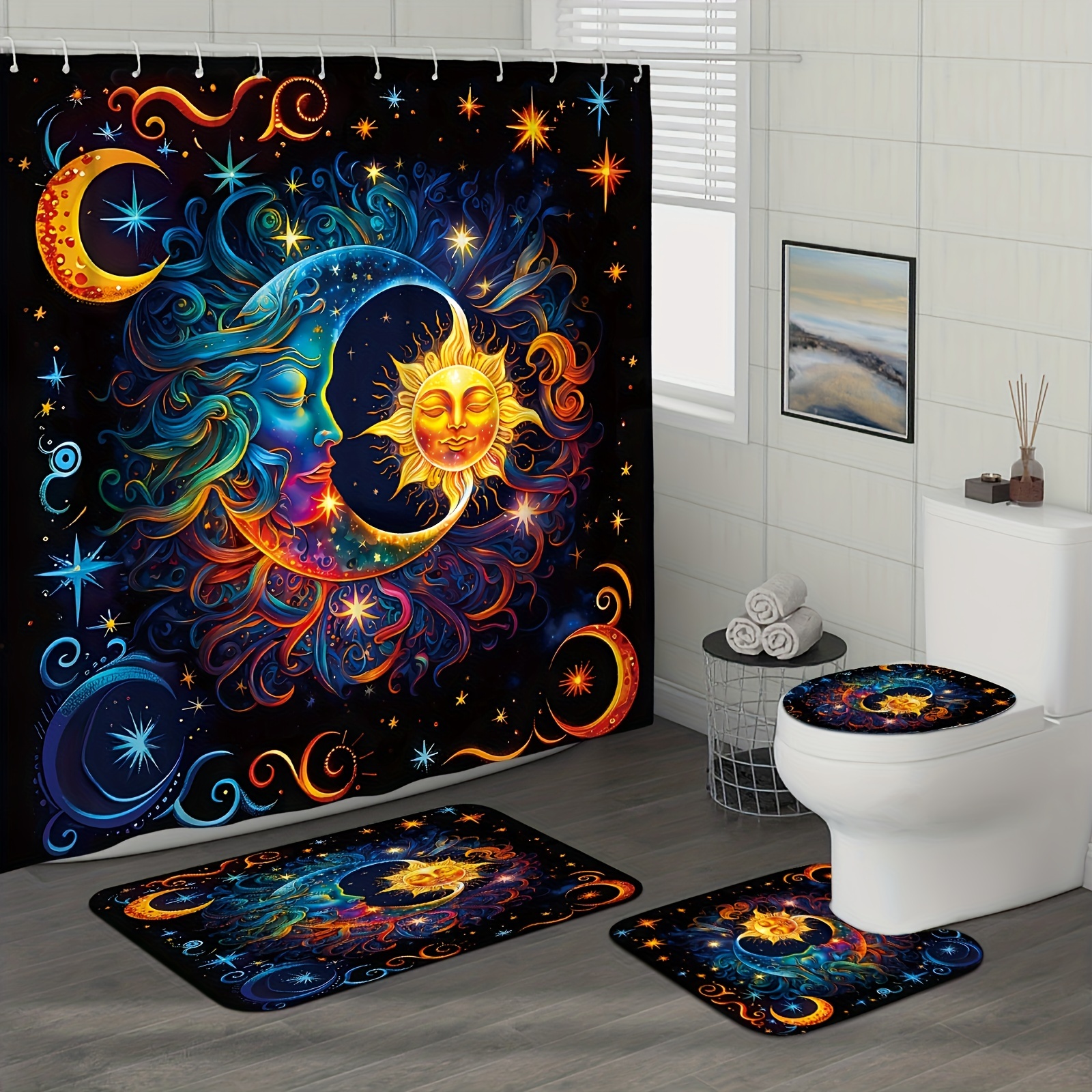 1/3/4pcs Sun, And Pattern Bathroom Curtain Set, Curtain Plastic , Bathroom Rug, U-shaped Pad, , Bathroom Decoration
1/3/4pcs Sun, And Pattern Bathroom Curtain Set, Curtain Plastic , Bathroom Rug, U-shaped Pad, , Bathroom Decoration