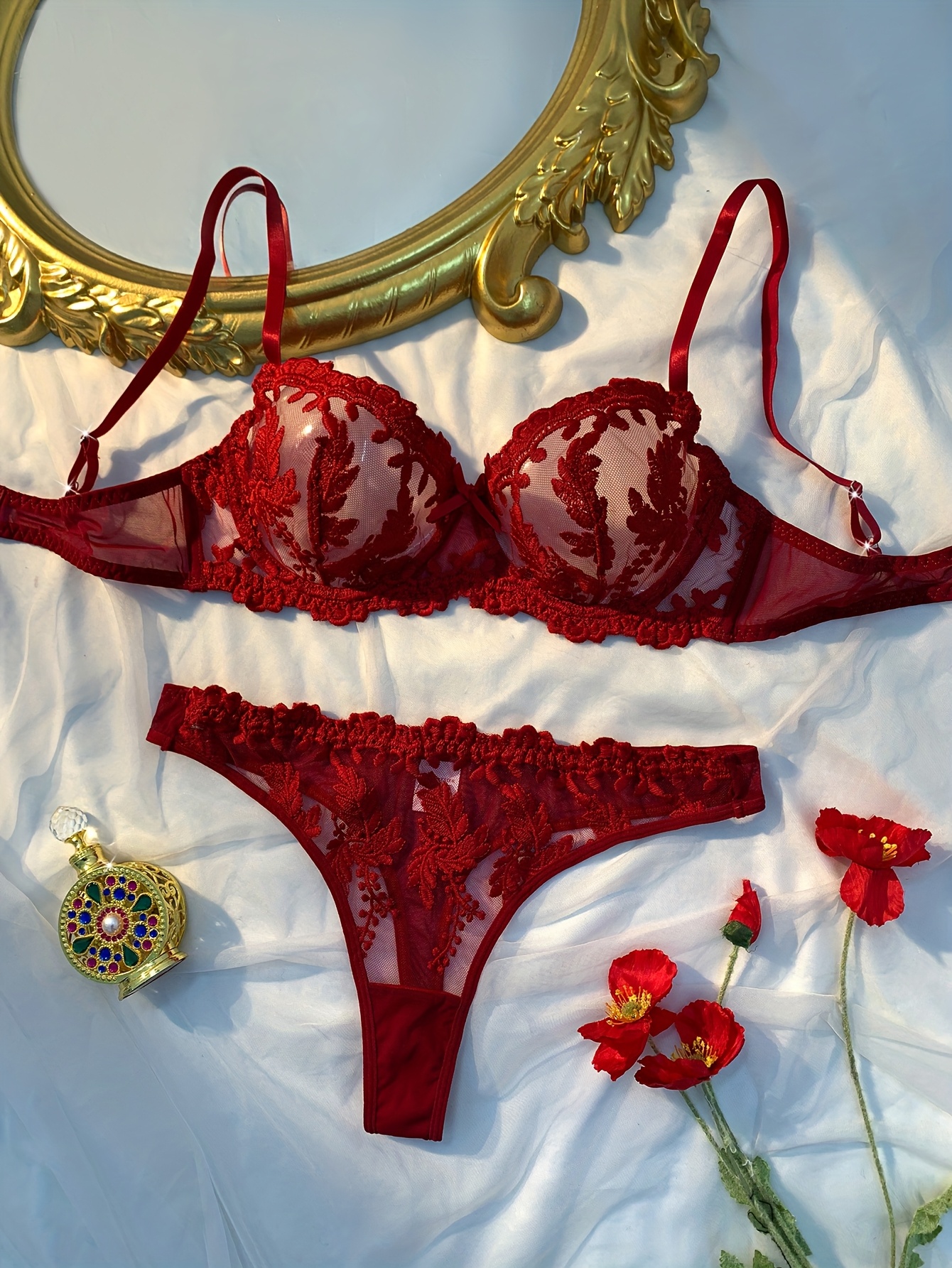 cbc139e6 af1b 43db 83df a58ab2291fb9 A Burgundy Rice Ear Single-Layer Embroidered Sexy Set, Featuring a Steel Ring Bra And Thong, Bold Women'S Clothing, And a Sheer Lingerie Ensemble
