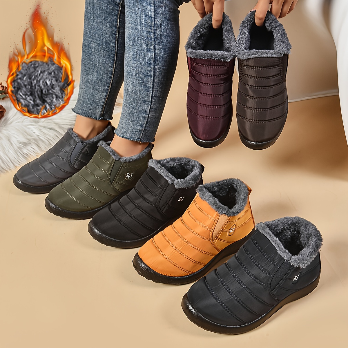 Women's Waterproof Ankle Boots - Warm Anti-slip Snow Shoes, Winter Comfortable Protective Fleece-lined Footwear With Round Toe, Slip-on Closure, Flat Heel, Fabric Upper/inner/insole, Sole
Women's Waterproof Ankle Boots - Warm Anti-slip Snow Shoes, Winter Comfortable Protective Fleece-lined Footwear With Round Toe, Slip-on Closure, Flat Heel, Fabric Upper/inner/insole, Sole